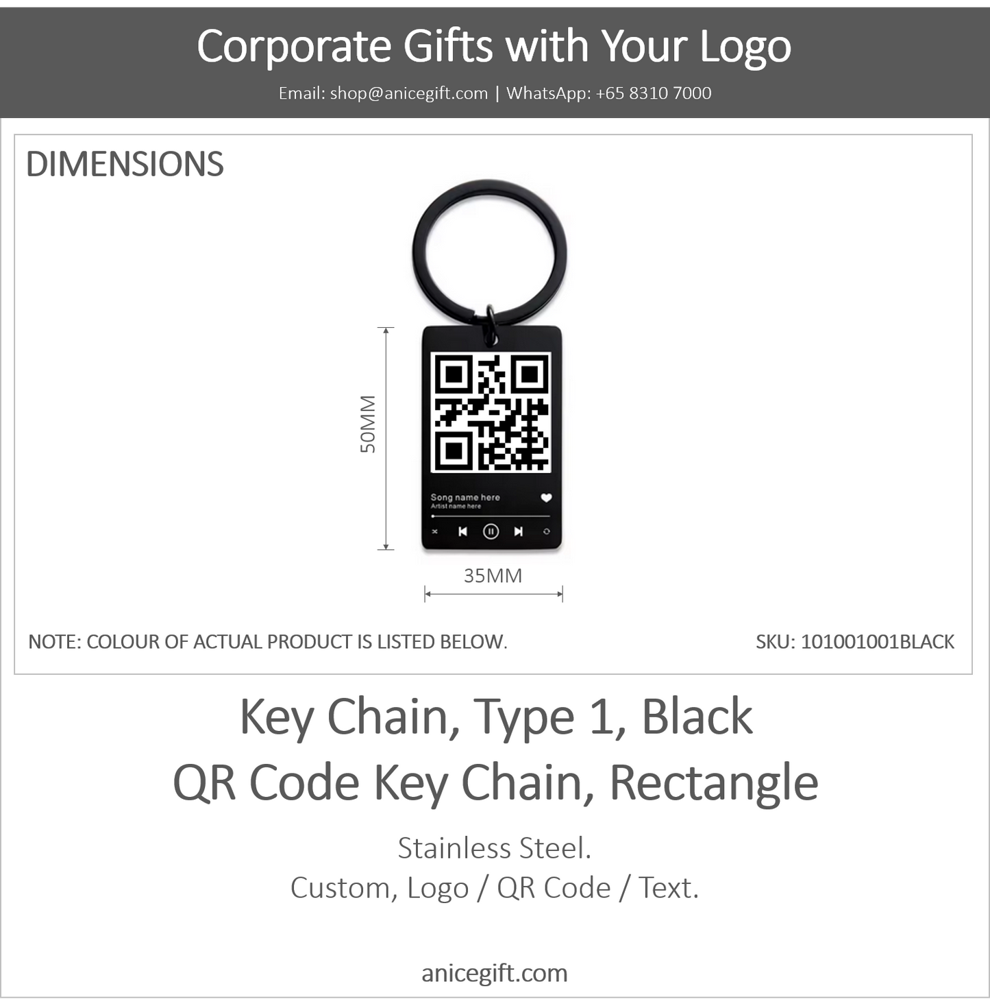Key Chain, Type 1, Black | QR Code Key Chain, Rectangle