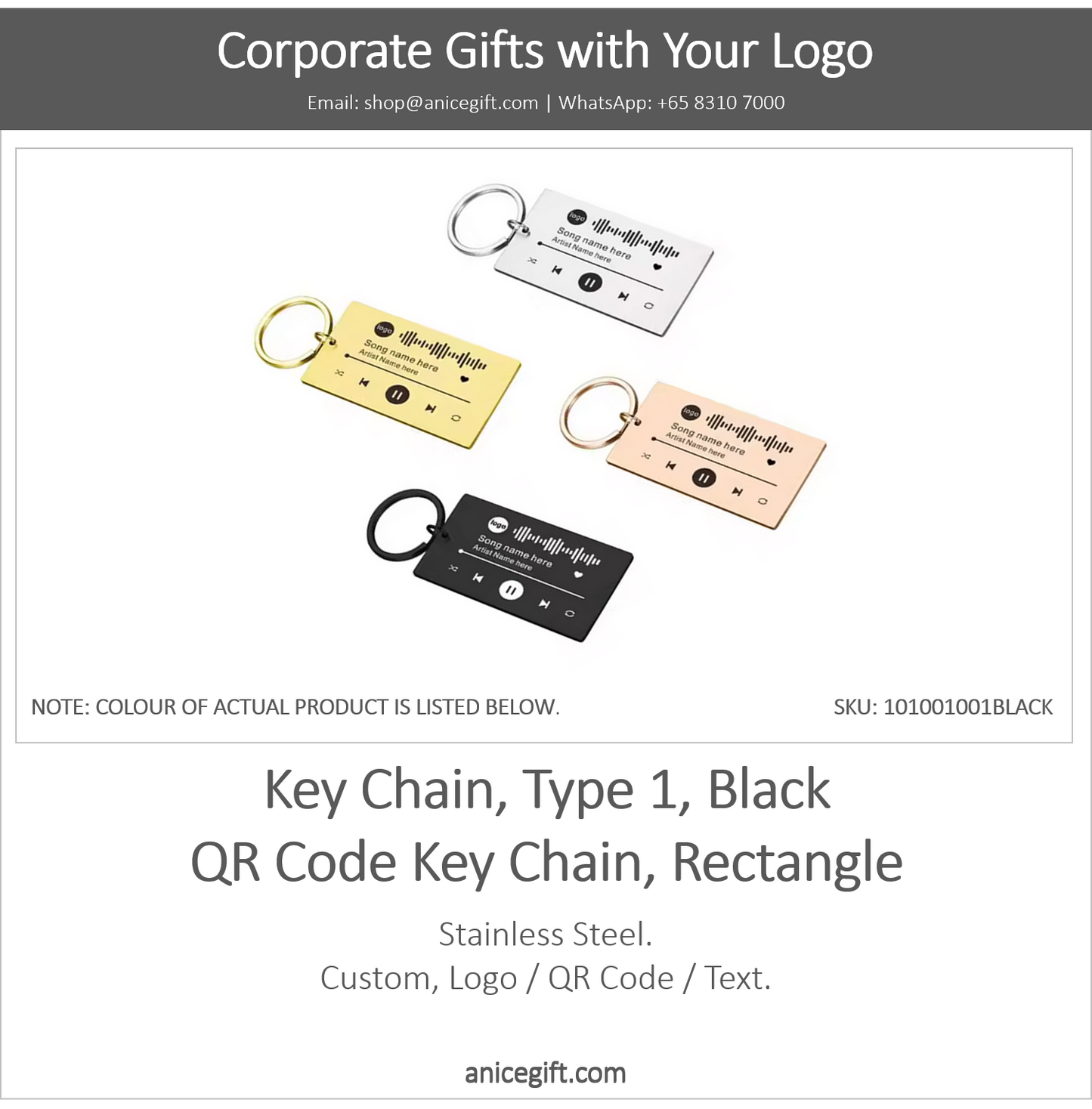 Key Chain, Type 1, Black | QR Code Key Chain, Rectangle
