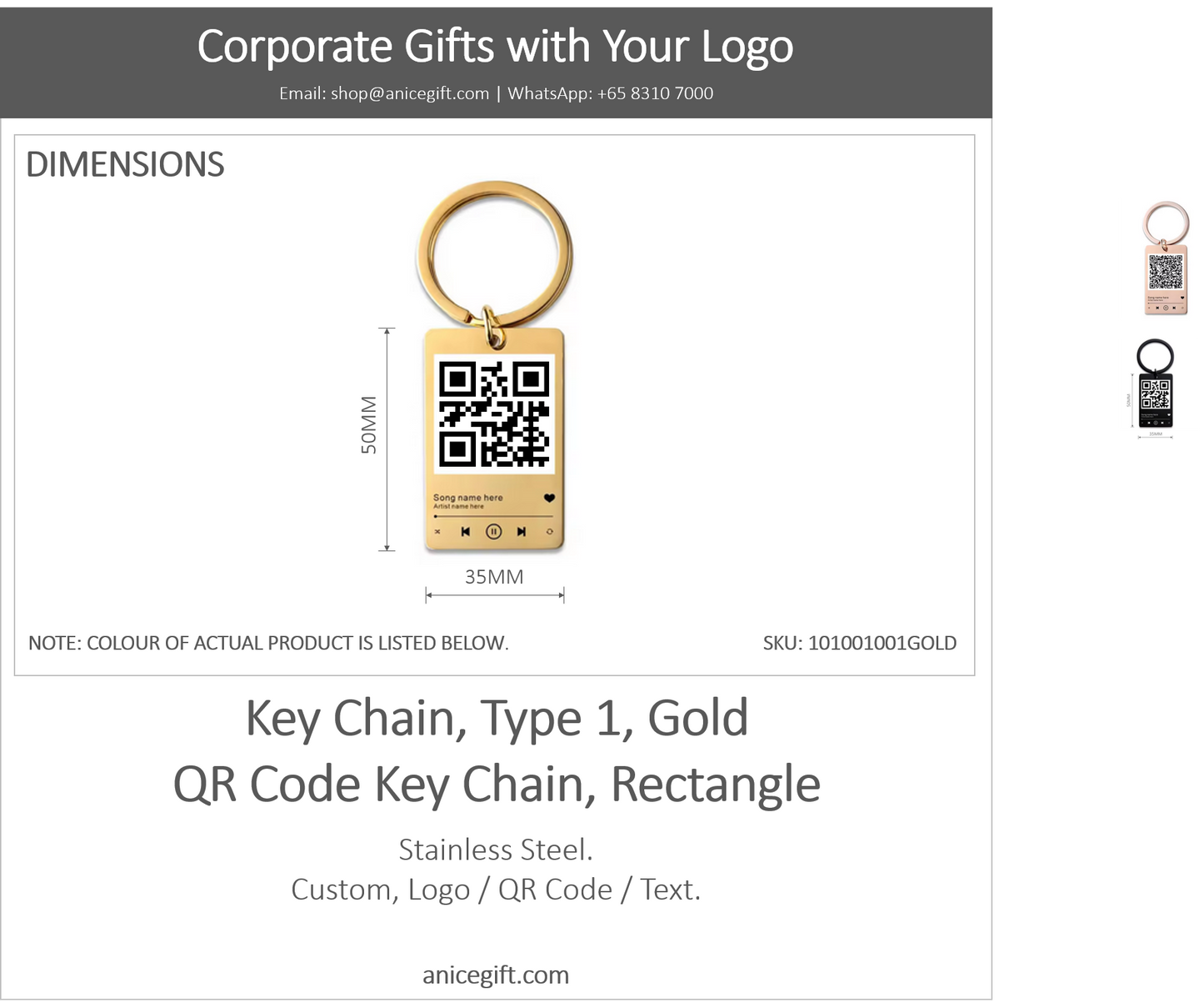 Key Chain, Type 1, Gold | QR Code Key Chain, Rectangle
