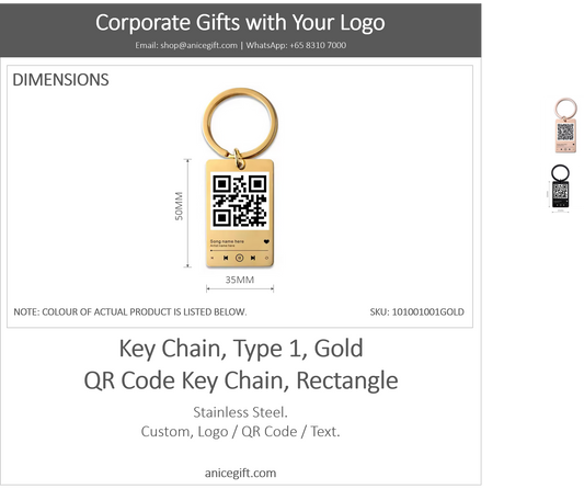 Key Chain, Type 1, Gold | QR Code Key Chain, Rectangle