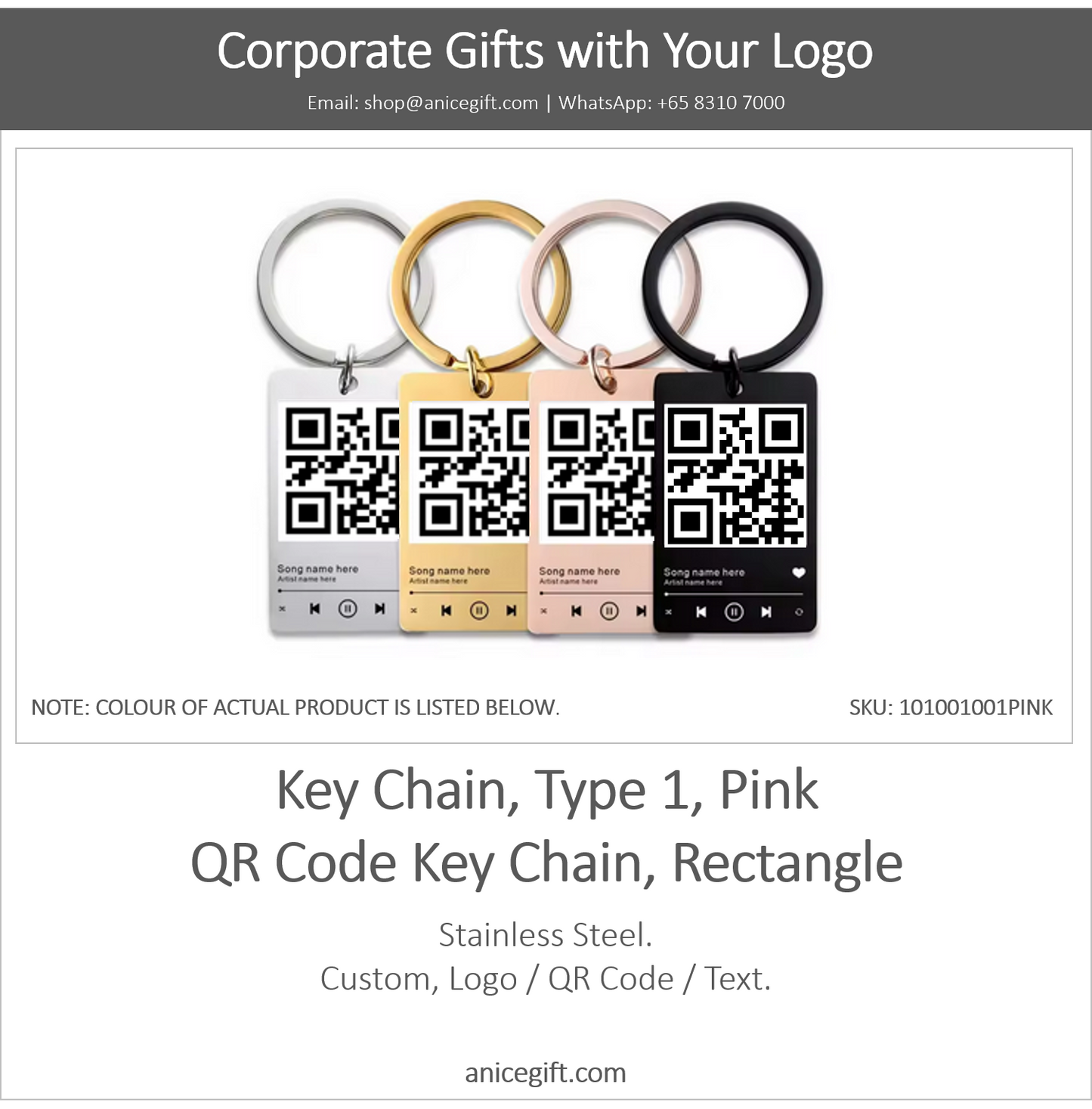 Key Chain, Type 1, Pink | QR Code Key Chain, Rectangle