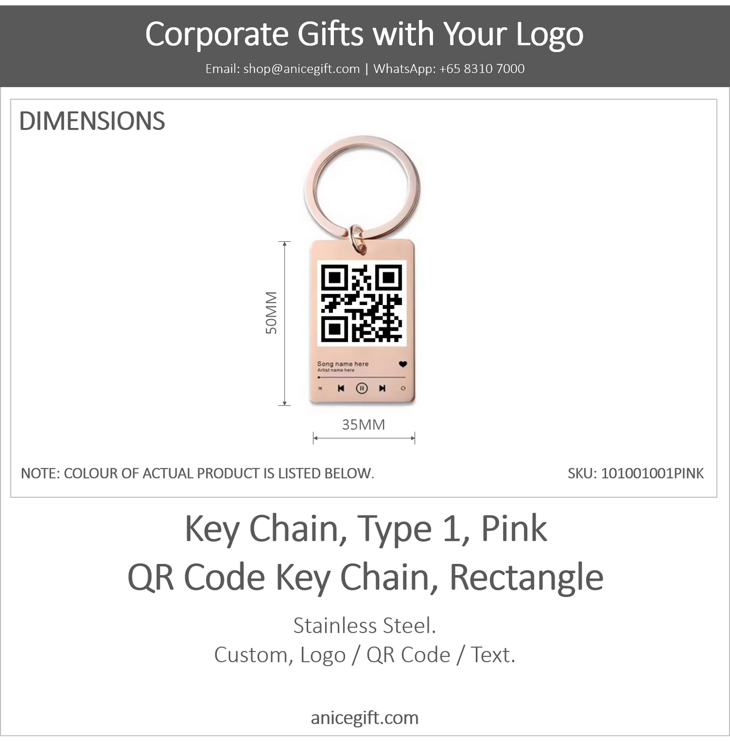 Key Chain, Type 1, Pink | QR Code Key Chain, Rectangle