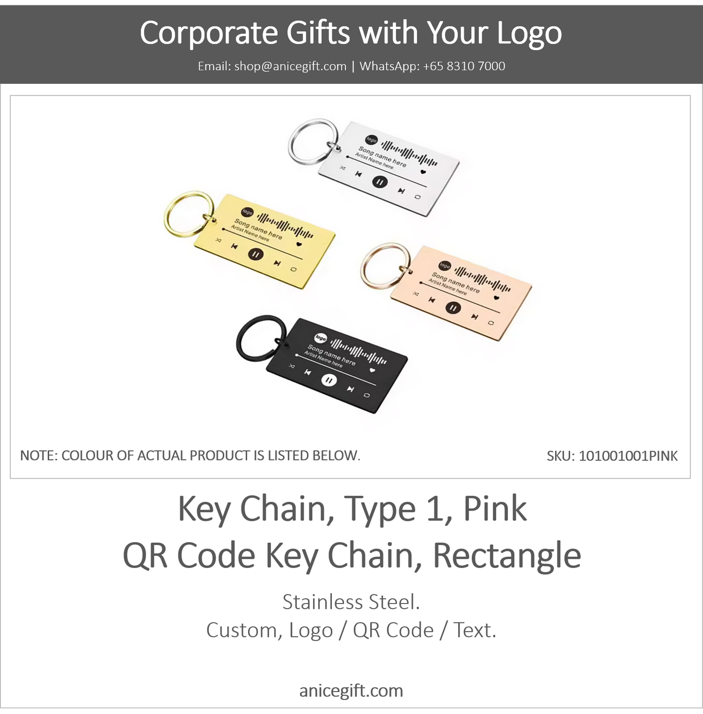 Key Chain, Type 1, Pink | QR Code Key Chain, Rectangle