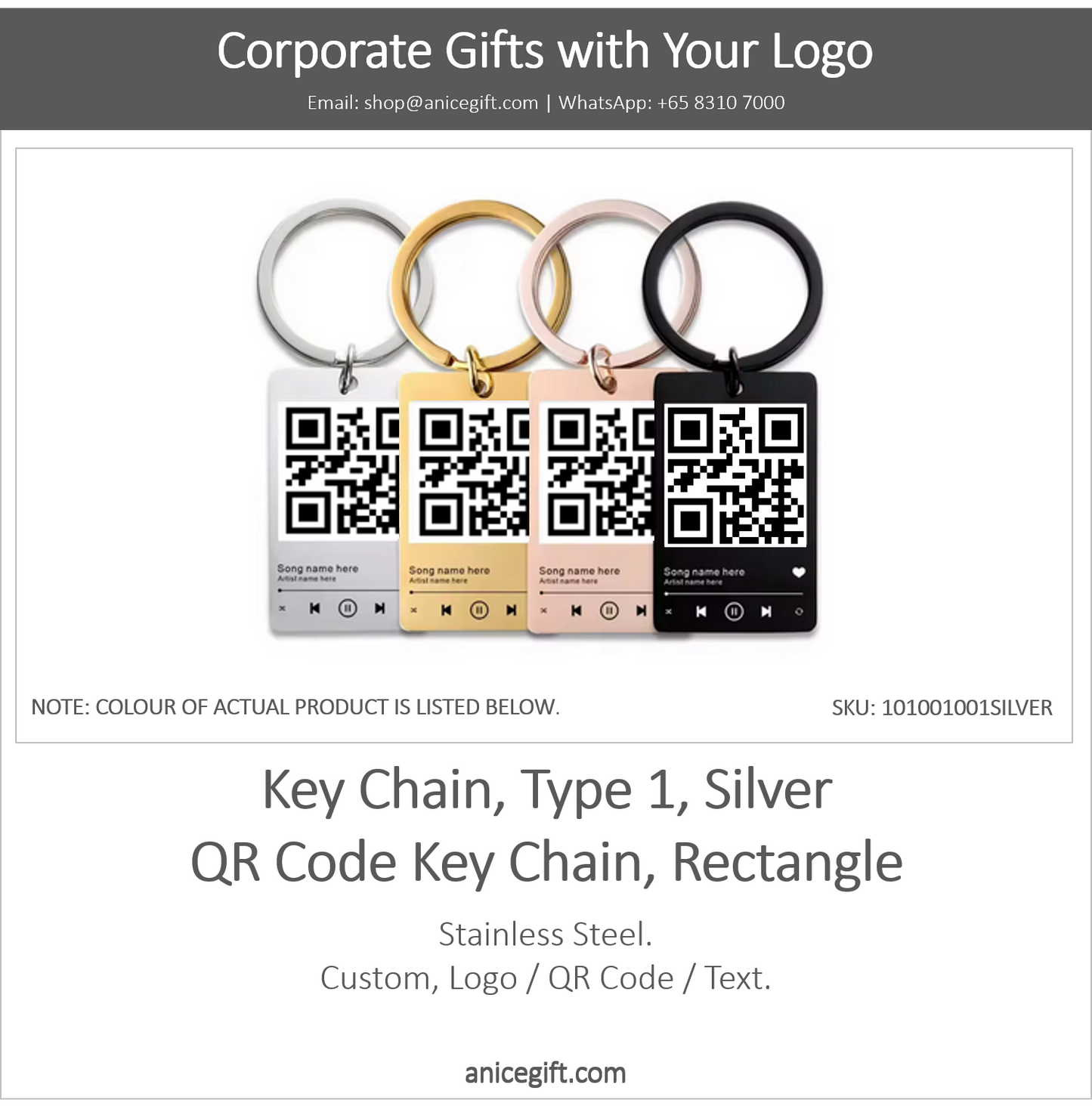 Key Chain, Type 1, Silver | QR Code Key Chain, Rectangle