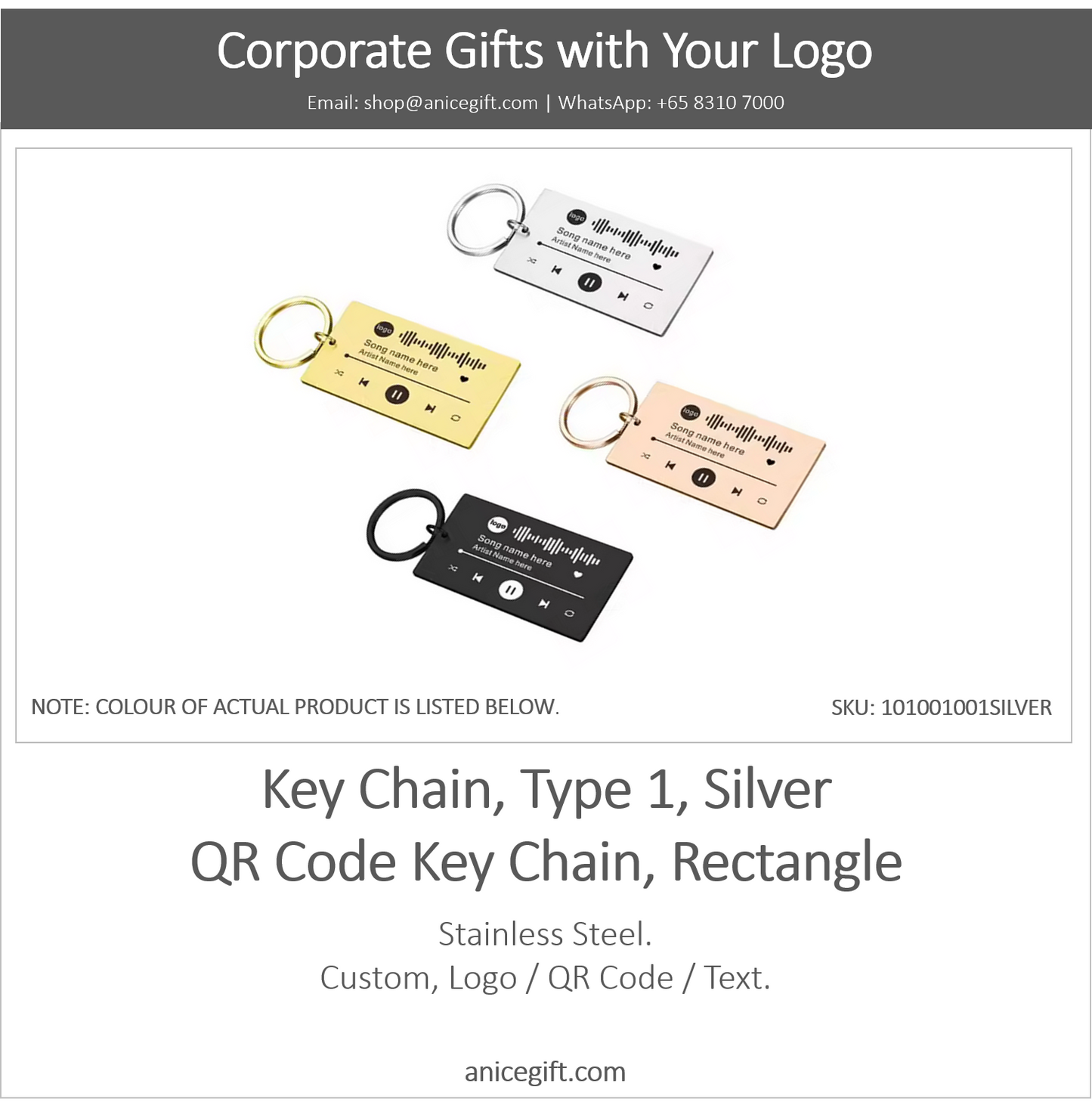 Key Chain, Type 1, Silver | QR Code Key Chain, Rectangle