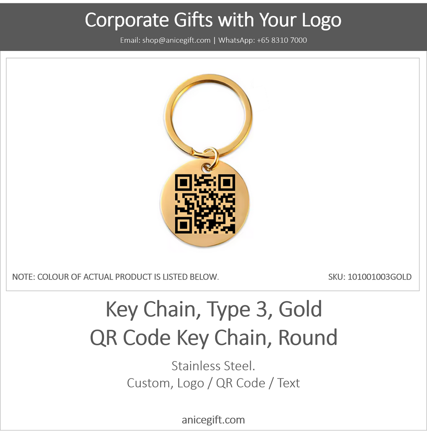 Key Chain, Type 3, Gold | QR Code Key Chain, Round