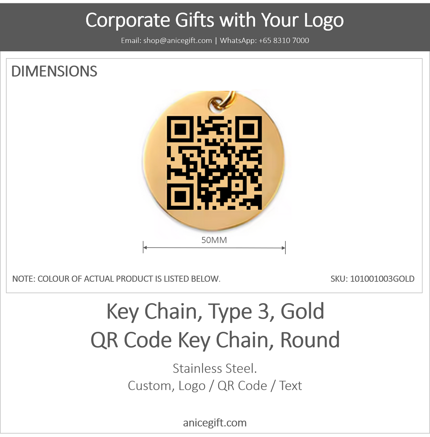 Key Chain, Type 3, Gold | QR Code Key Chain, Round