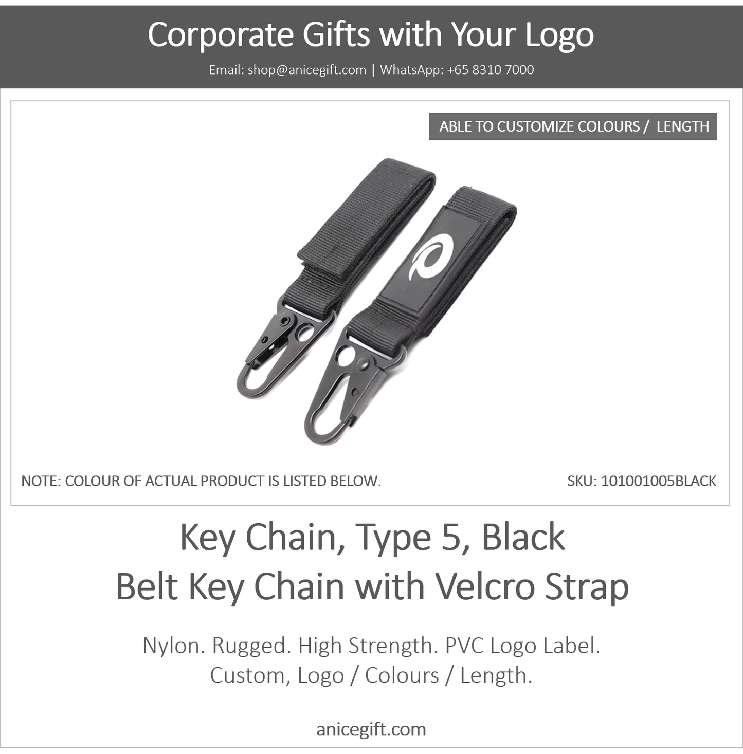 Key Chain, Type 5, Black | Belt Key Chain wtih Velcro Strap