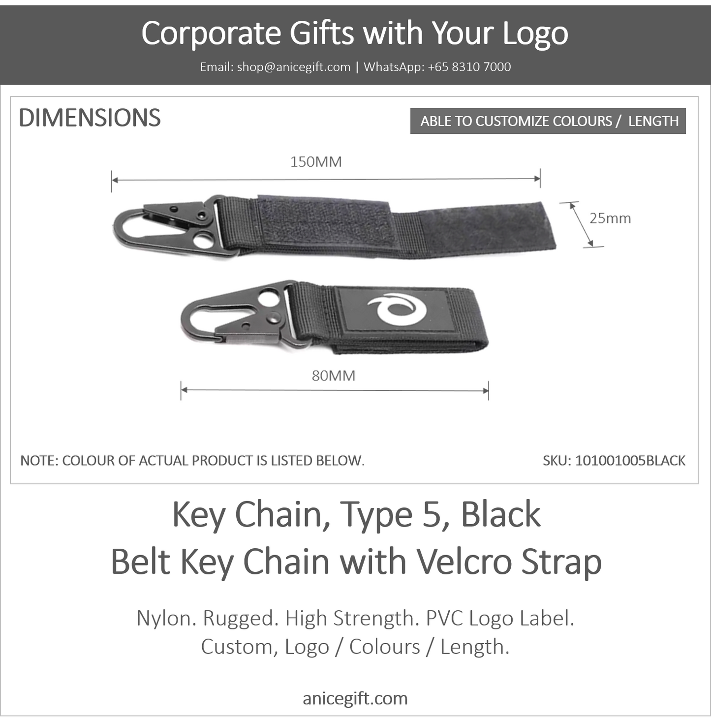 Key Chain, Type 5, Black | Belt Key Chain wtih Velcro Strap