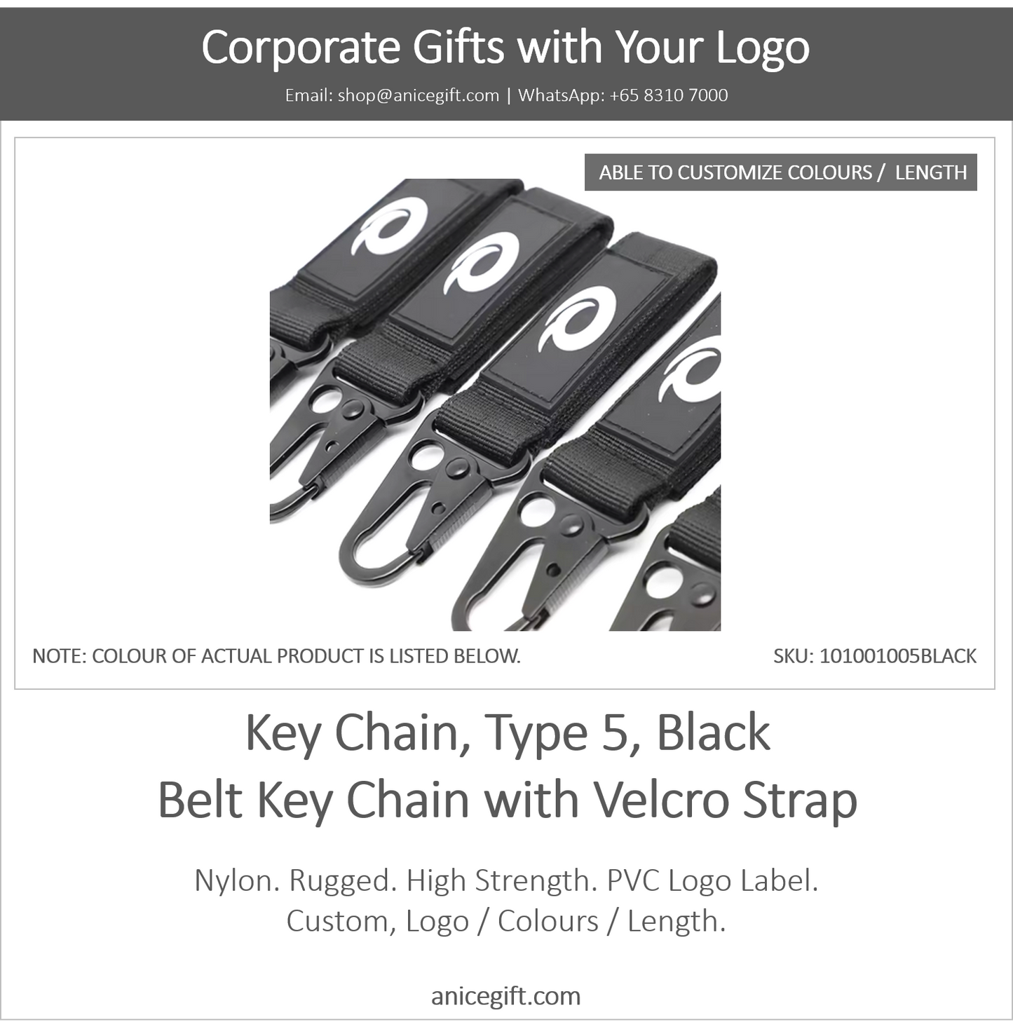 Key Chain, Type 5, Black | Belt Key Chain wtih Velcro Strap