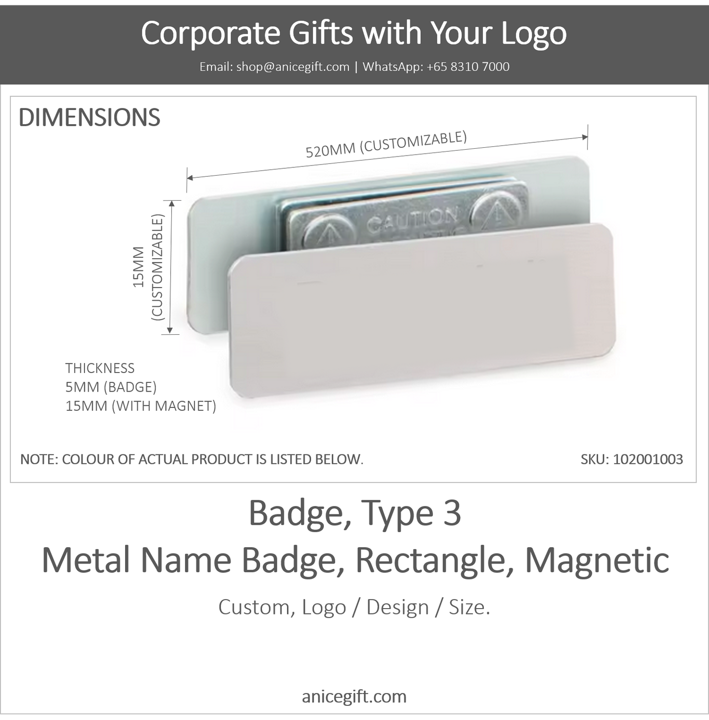 Badge, Type 3 |  Metal Name Badge, Rectangle, Magnetic
