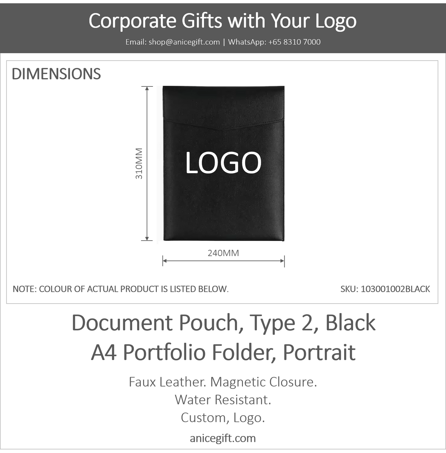 Document Pouch, Type 2, Black | A4 Portfolio Holder, Portrait