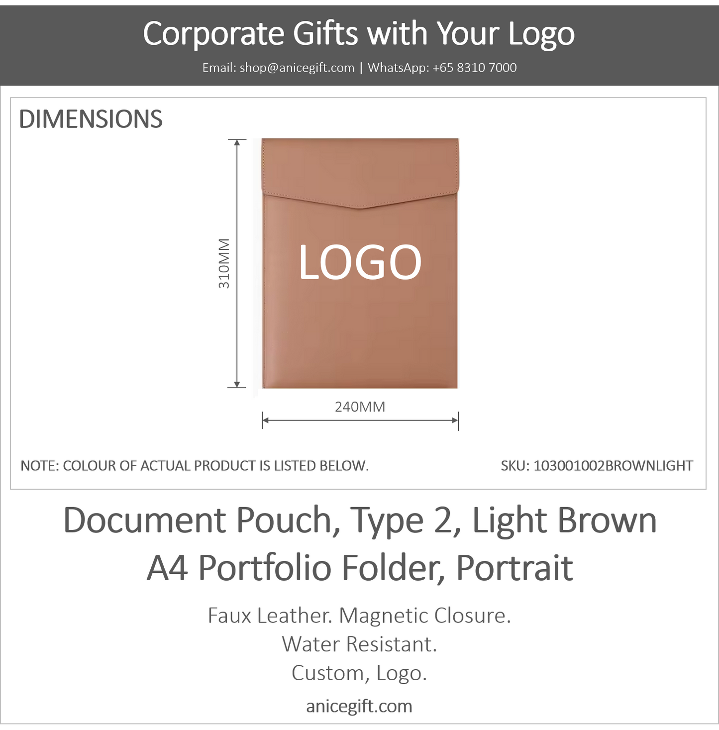 Document Pouch, Type 2, Light Brown | A4 Portfolio Holder, Portrait