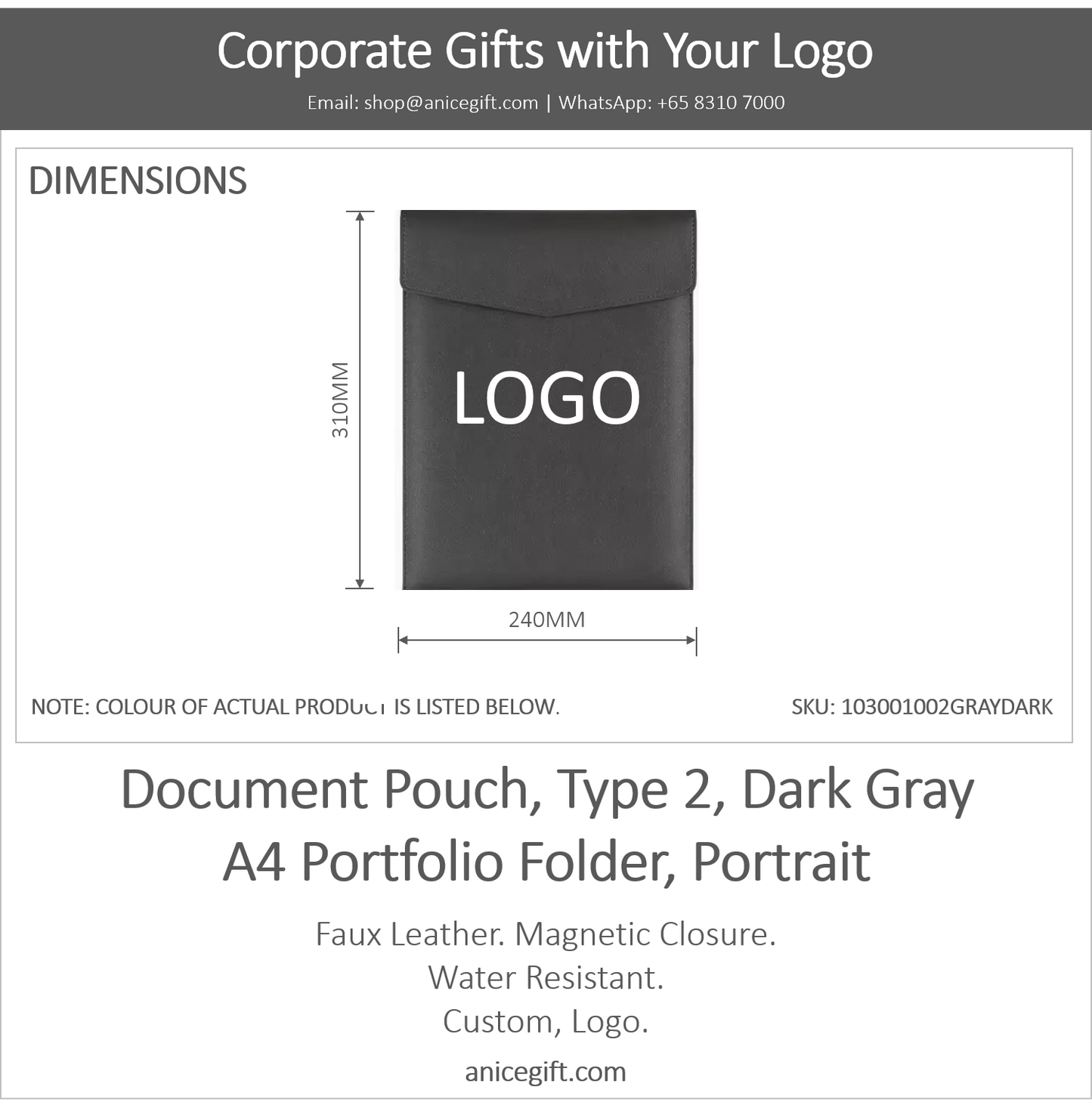 Document Pouch, Type 2, Dark Gray | A4 Portfolio Holder, Portrait