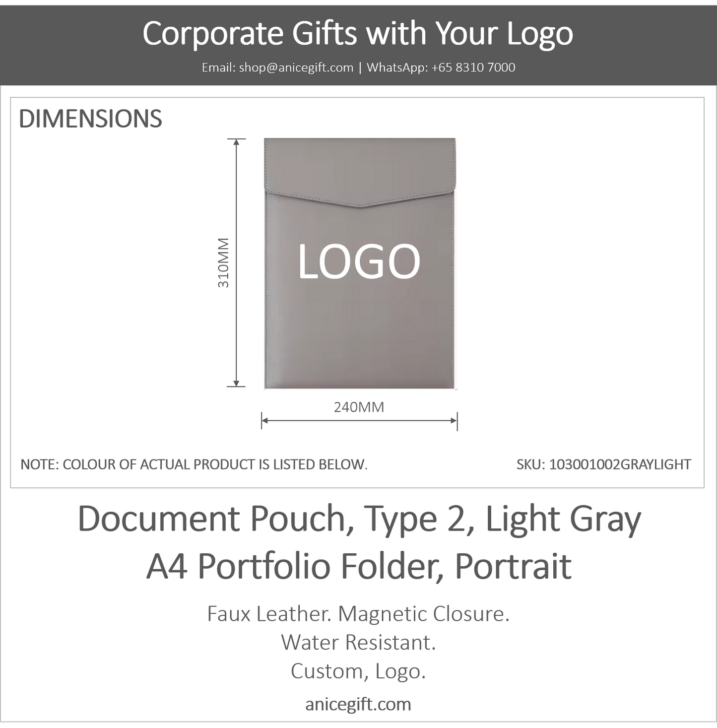 Document Pouch, Type 2, Light Gray | A4 Portfolio Holder, Portrait