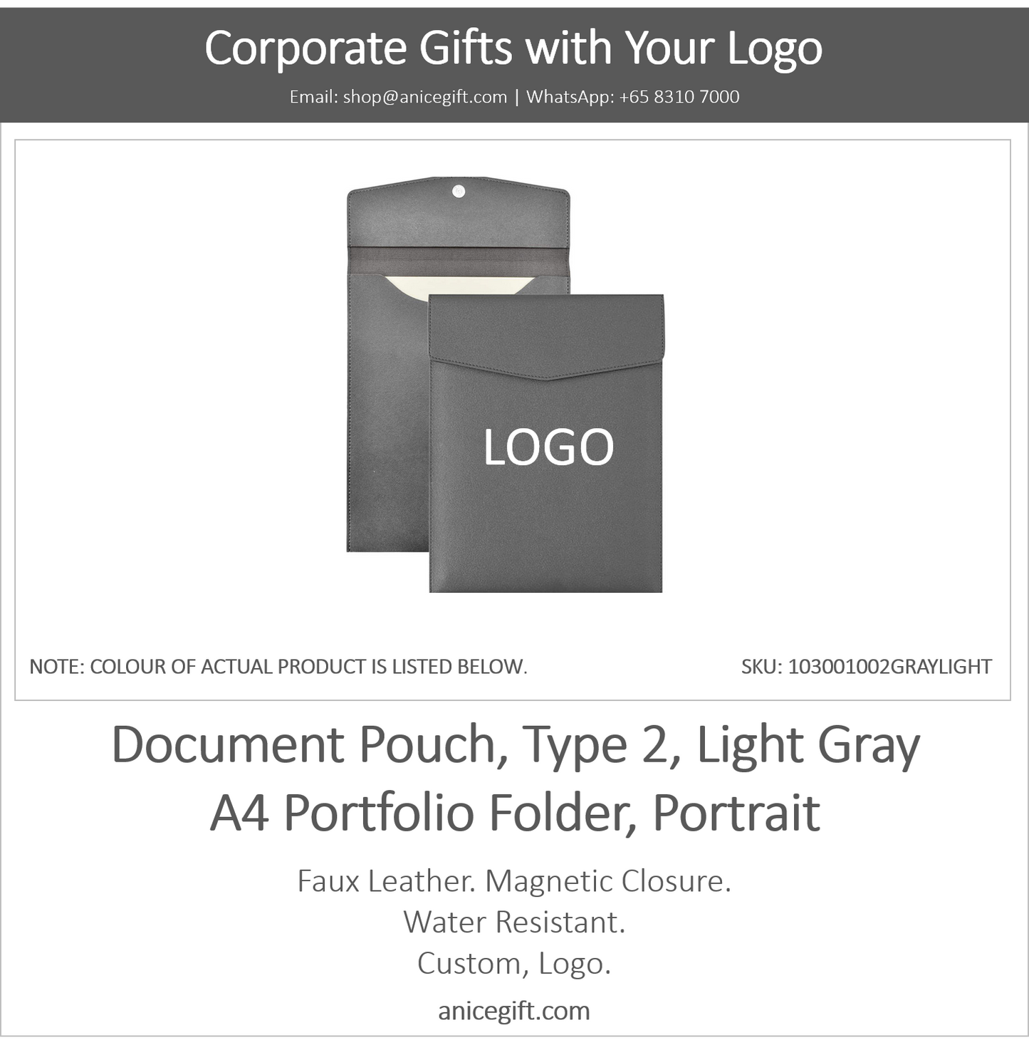 Document Pouch, Type 2, Light Gray | A4 Portfolio Holder, Portrait