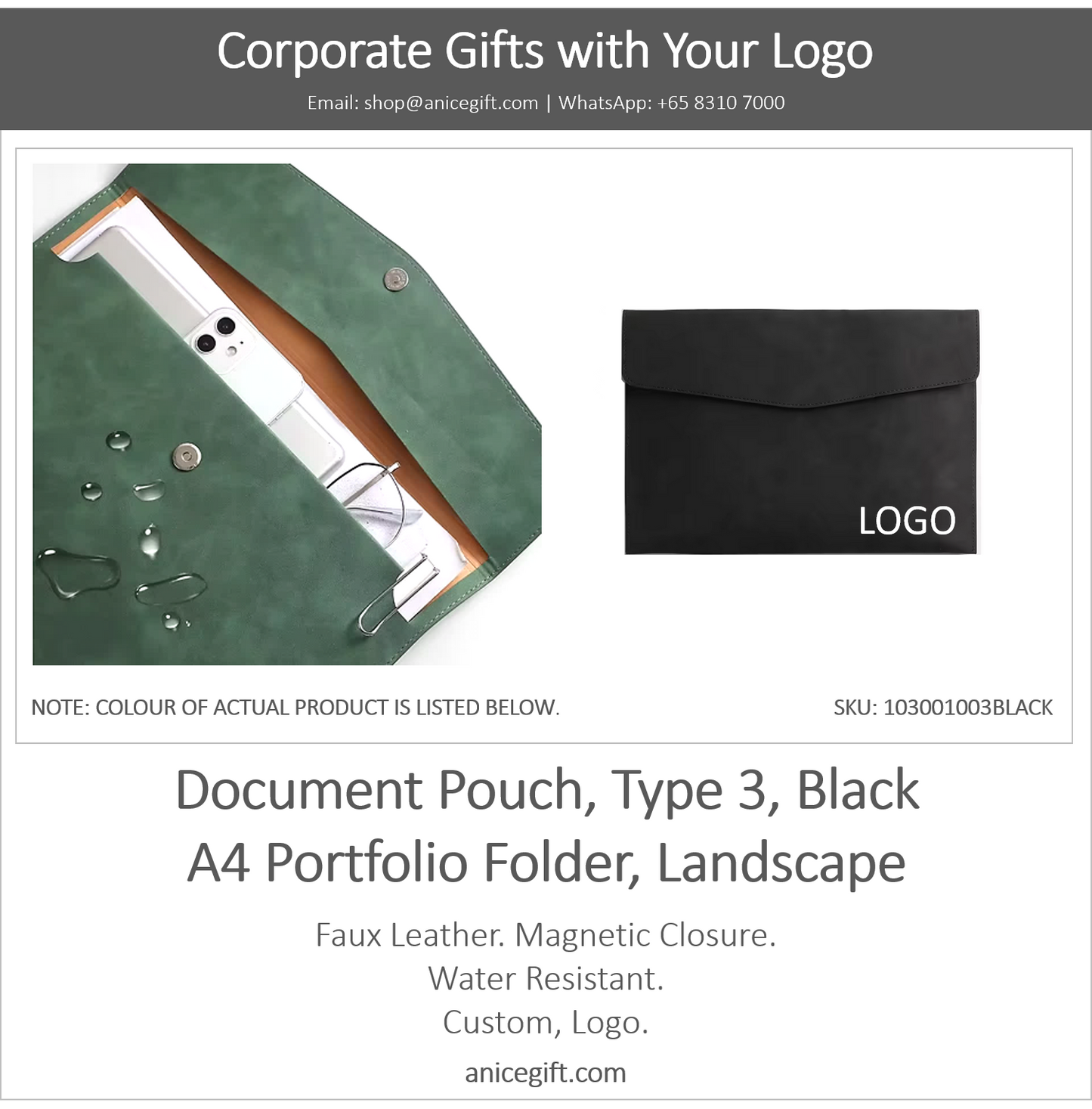 Document Pouch, Type 3, Black | A4 Portfolio Holder, Landscape