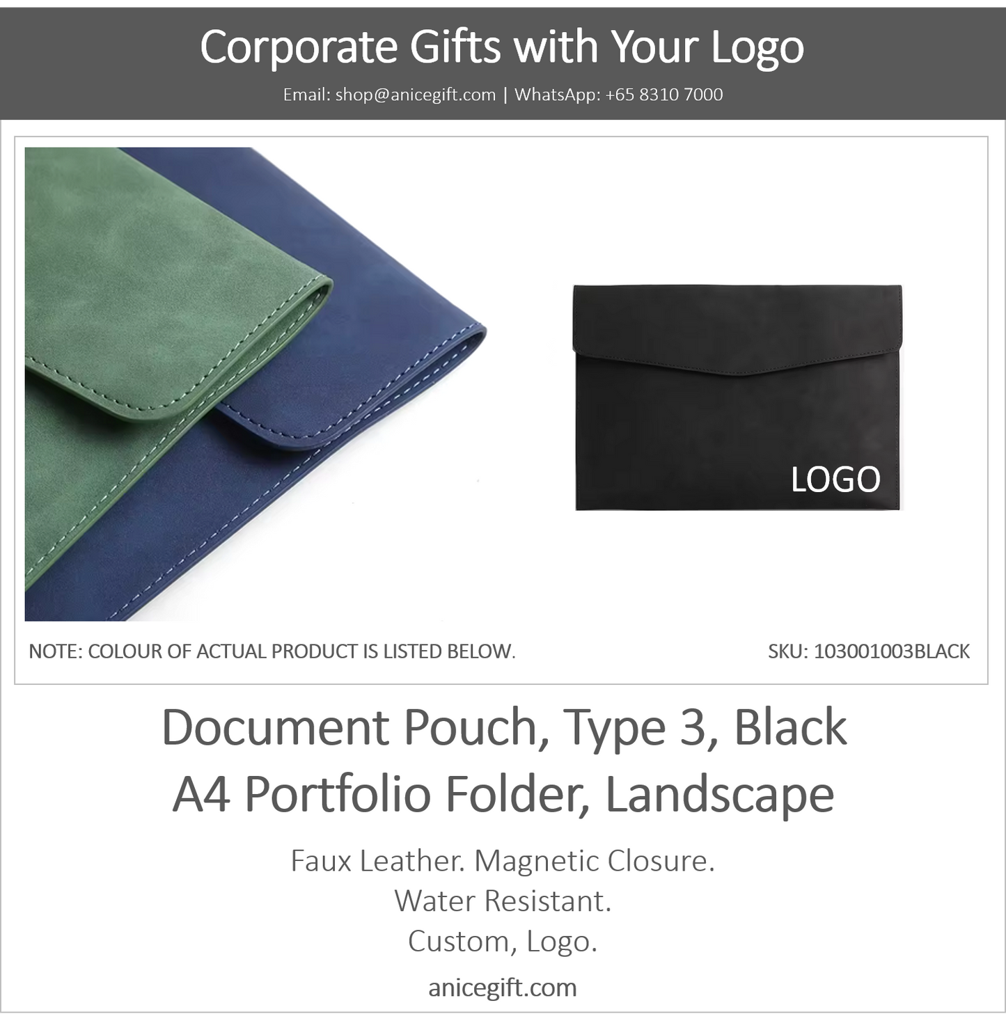 Document Pouch, Type 3, Black | A4 Portfolio Holder, Landscape