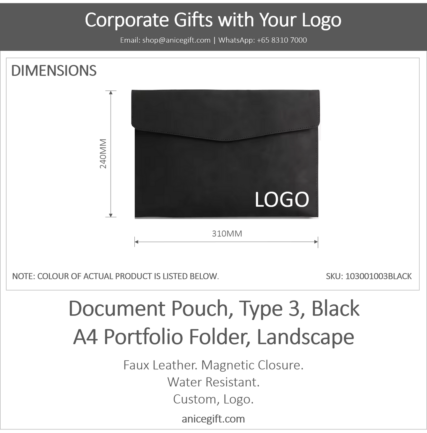 Document Pouch, Type 3, Black | A4 Portfolio Holder, Landscape