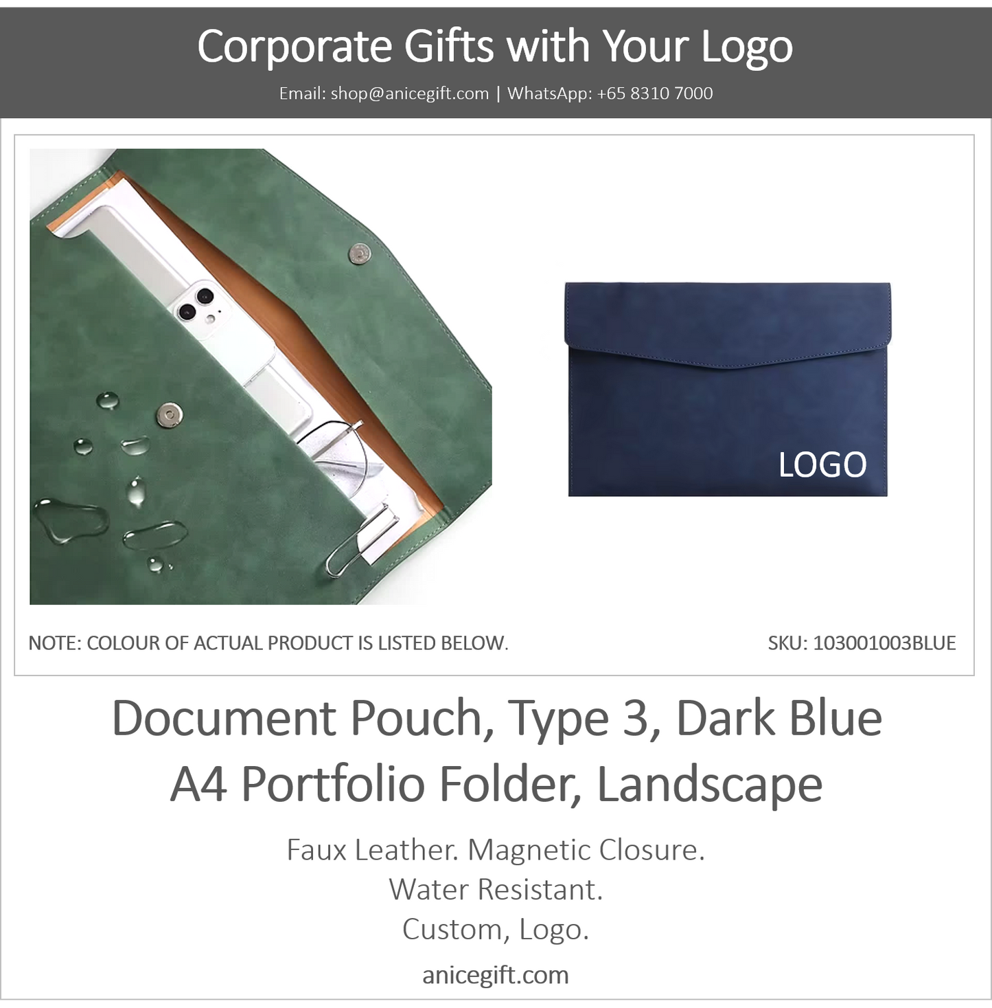 Document Pouch, Type 3, Dark Blue | A4 Portfolio Holder, Landscape