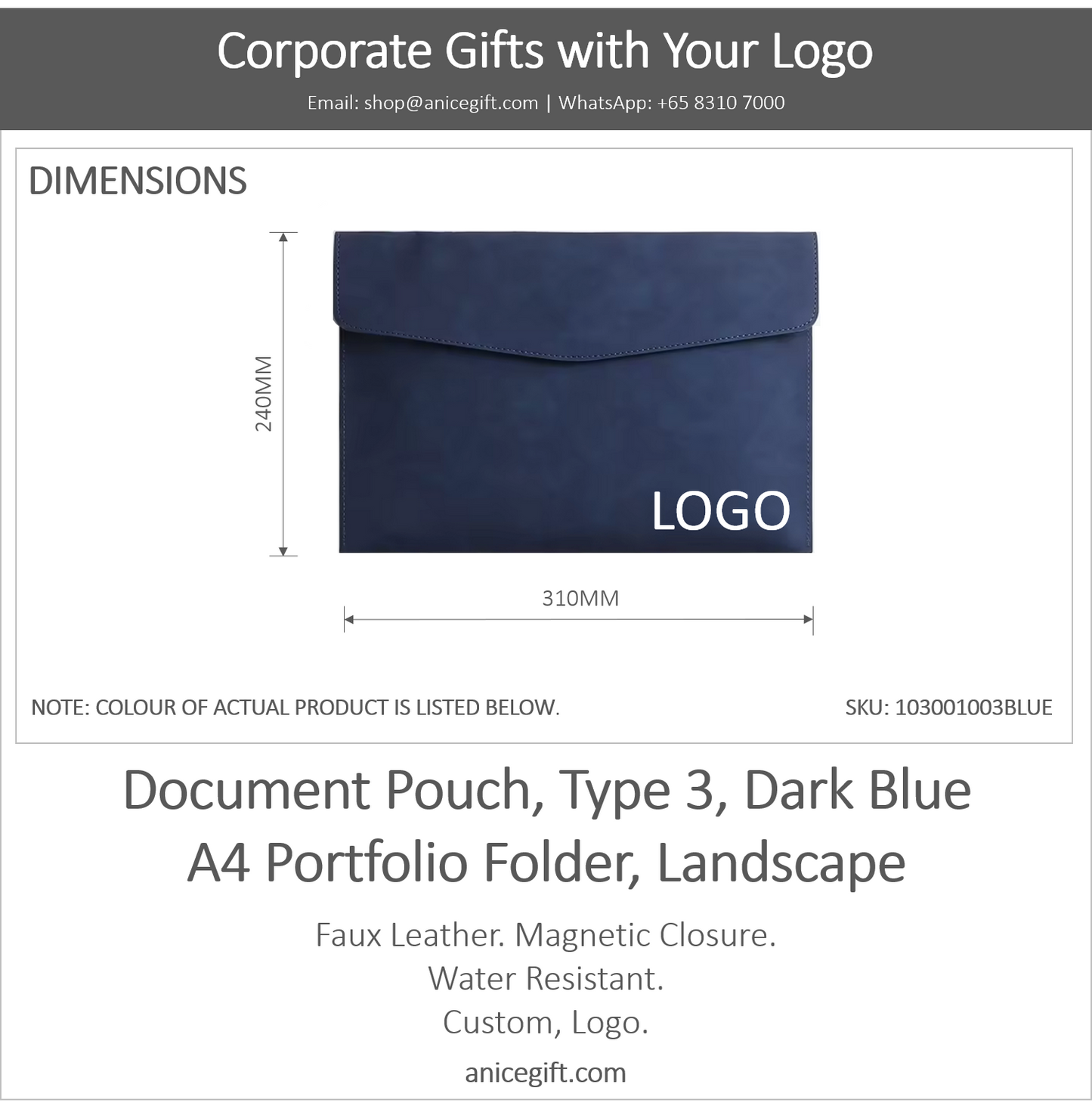 Document Pouch, Type 3, Dark Blue | A4 Portfolio Holder, Landscape