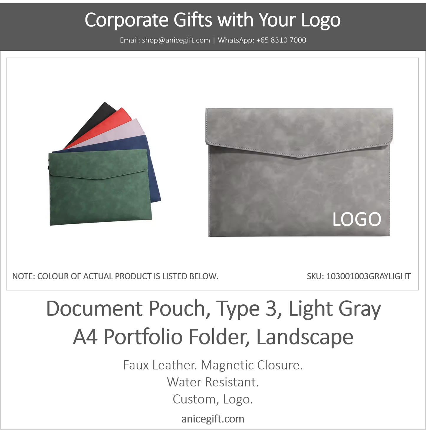 Document Pouch, Type 3, LIght Gray | A4 Portfolio Holder, Landscape
