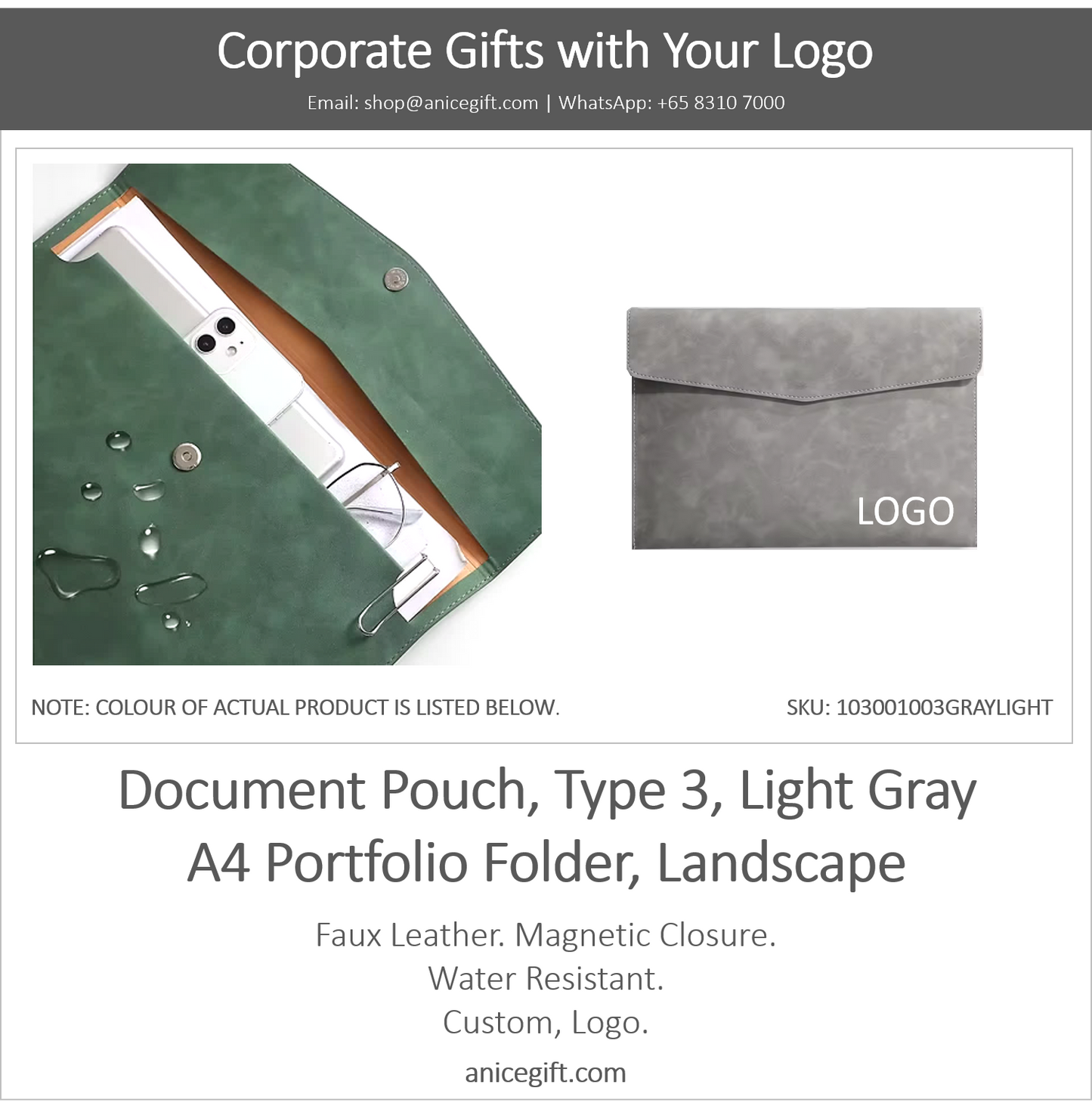 Document Pouch, Type 3, LIght Gray | A4 Portfolio Holder, Landscape