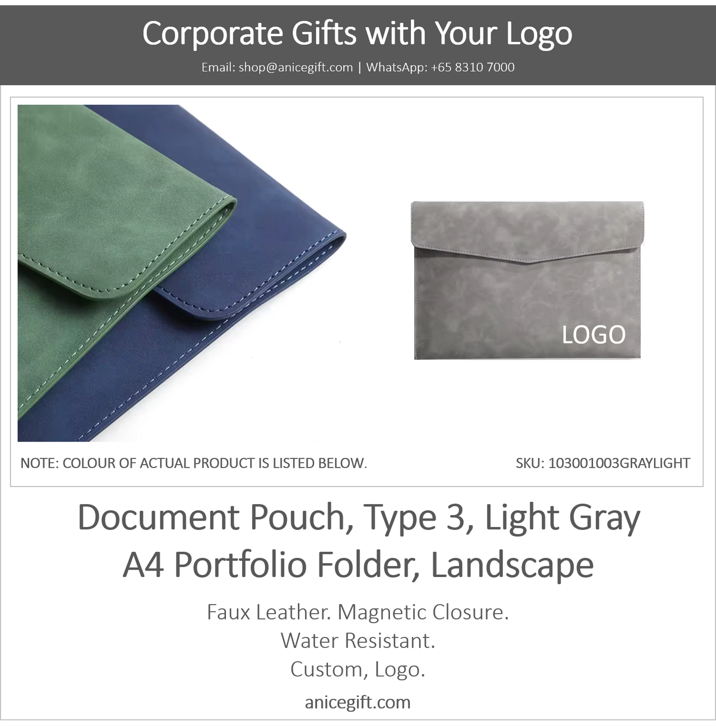 Document Pouch, Type 3, LIght Gray | A4 Portfolio Holder, Landscape