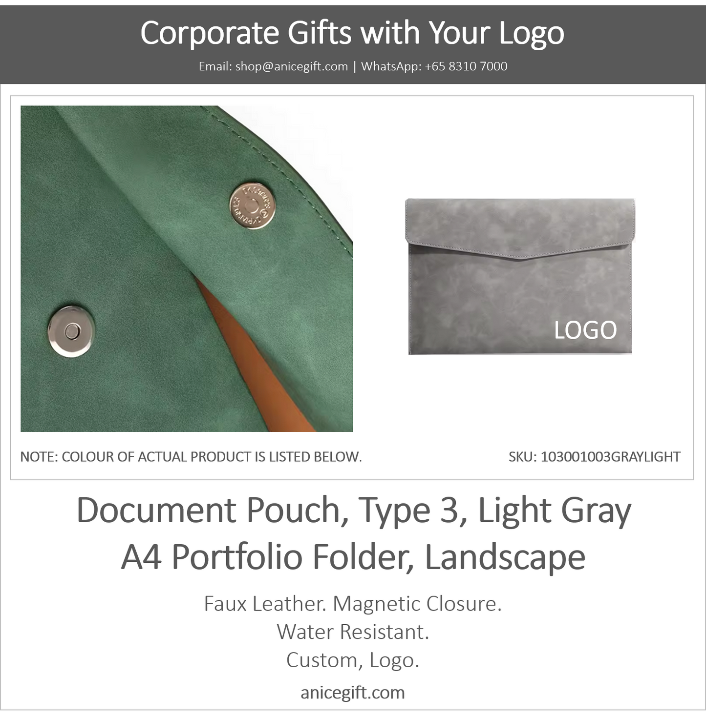 Document Pouch, Type 3, LIght Gray | A4 Portfolio Holder, Landscape