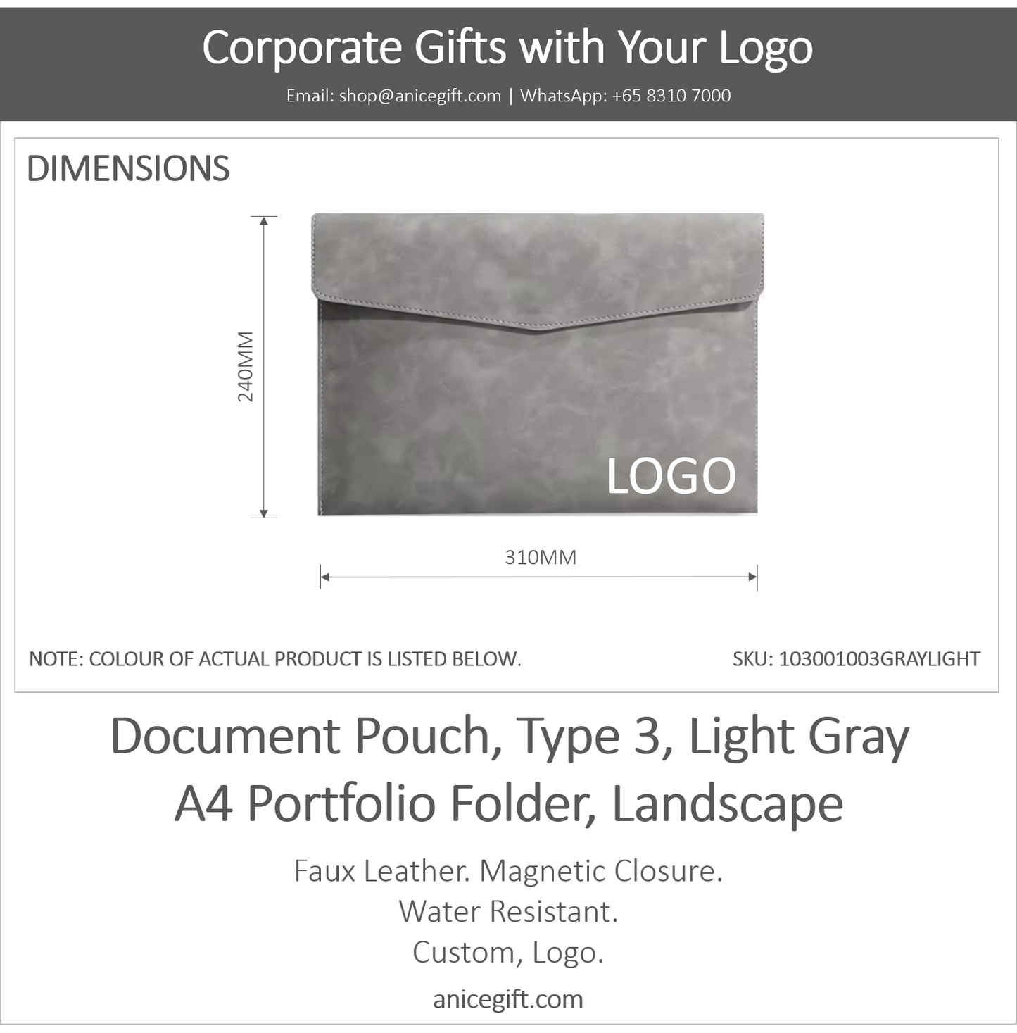 Document Pouch, Type 3, LIght Gray | A4 Portfolio Holder, Landscape