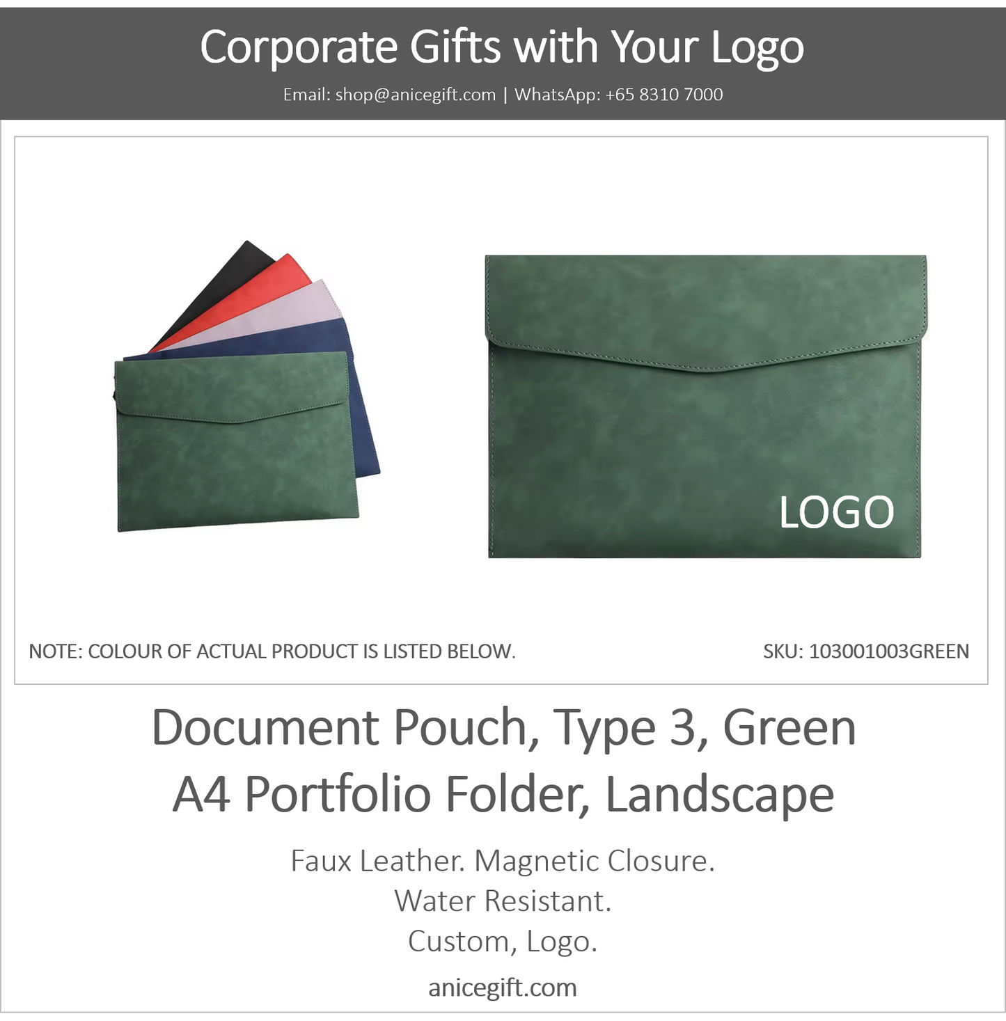 Document Pouch, Type 3, Green | A4 Portfolio Holder, Landscape