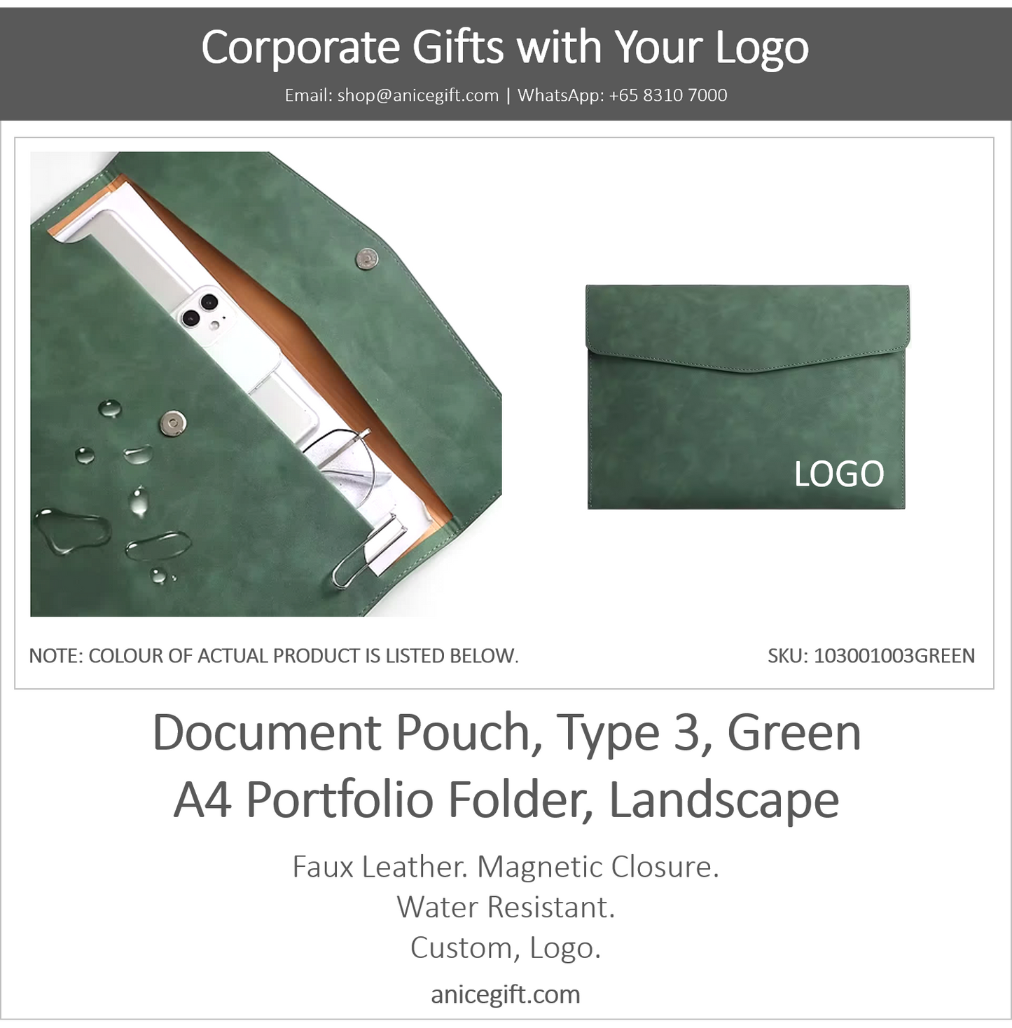 Document Pouch, Type 3, Green | A4 Portfolio Holder, Landscape