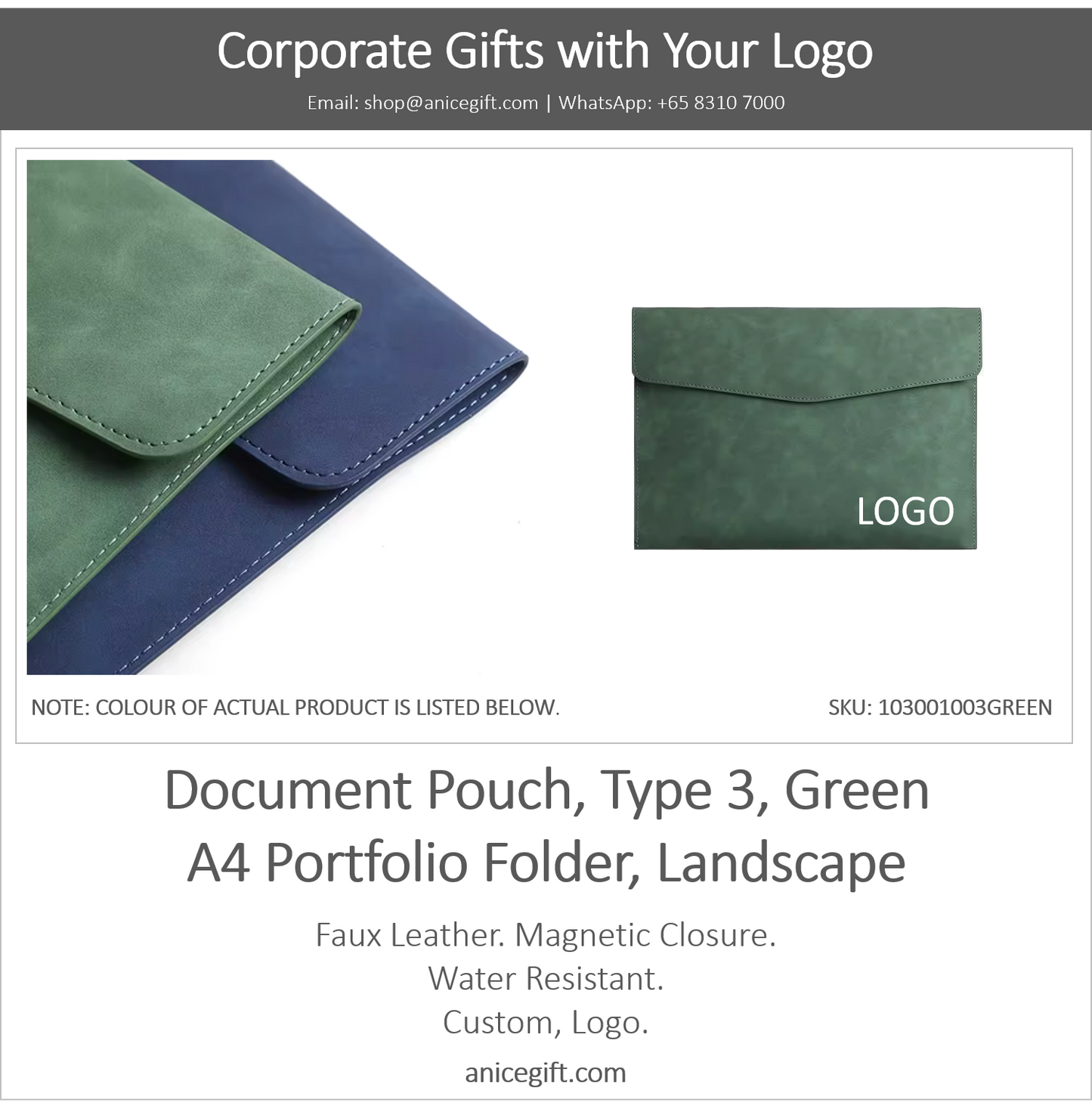 Document Pouch, Type 3, Green | A4 Portfolio Holder, Landscape