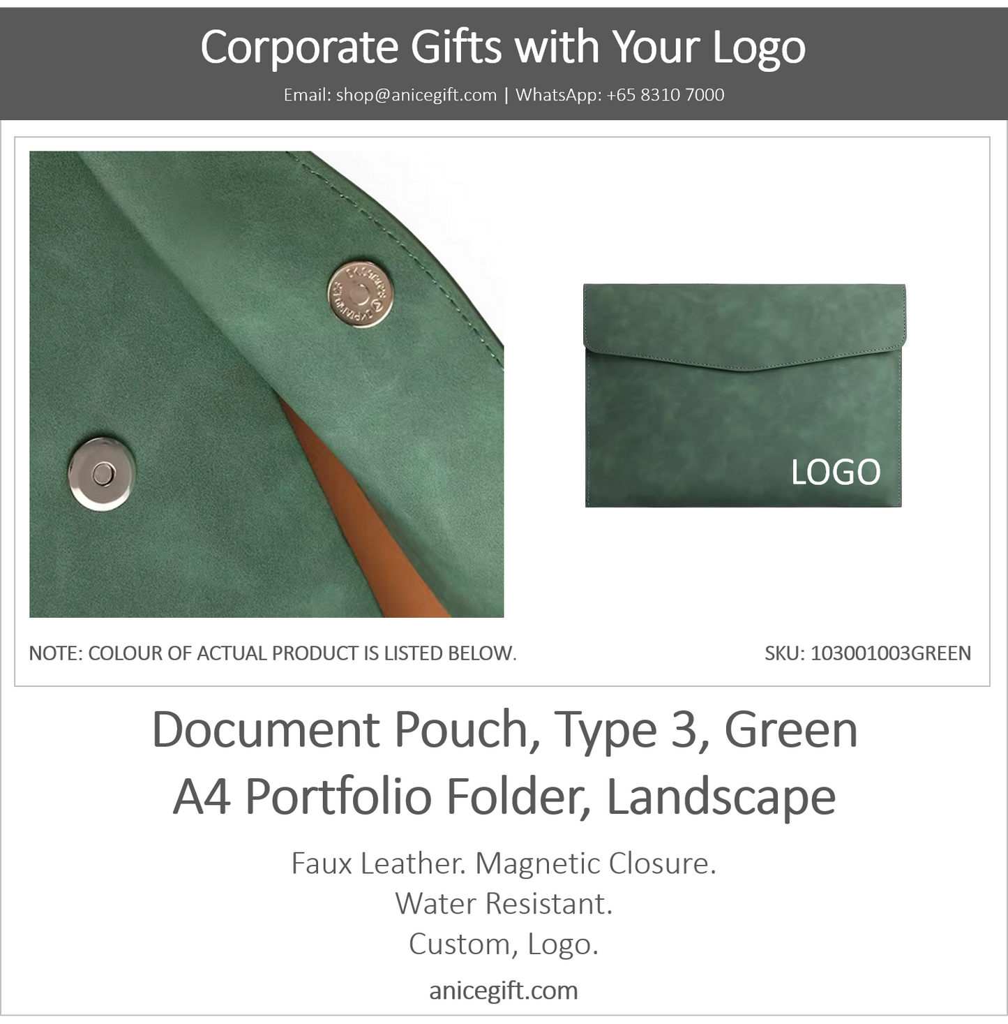 Document Pouch, Type 3, Green | A4 Portfolio Holder, Landscape