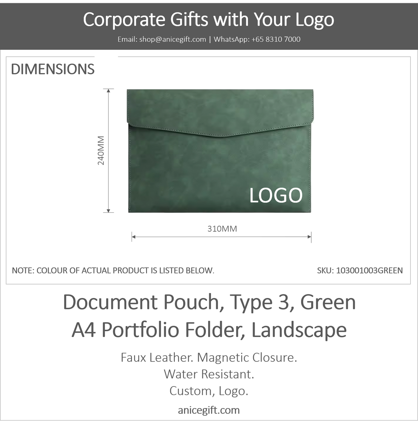 Document Pouch, Type 3, Green | A4 Portfolio Holder, Landscape