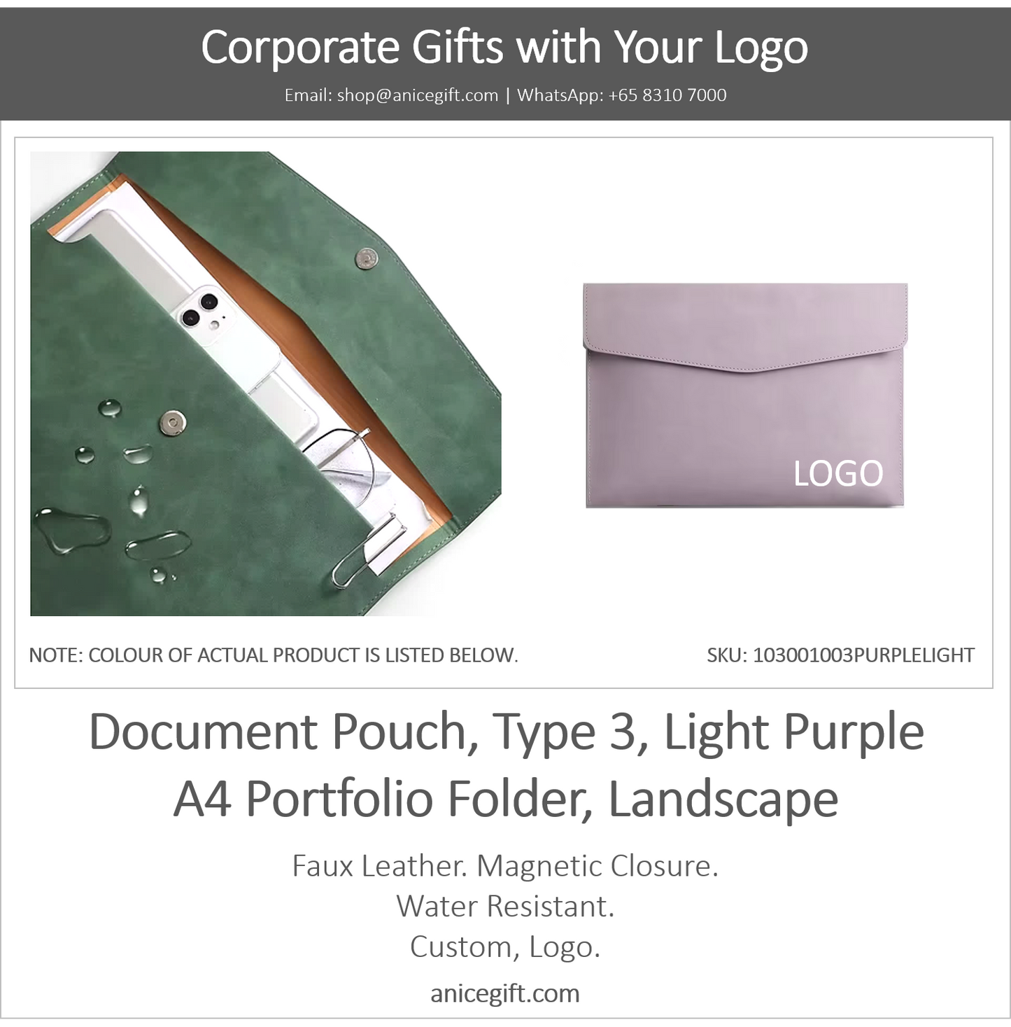 Document Pouch, Type 3, Light Purple | A4 Portfolio Holder, Landscape