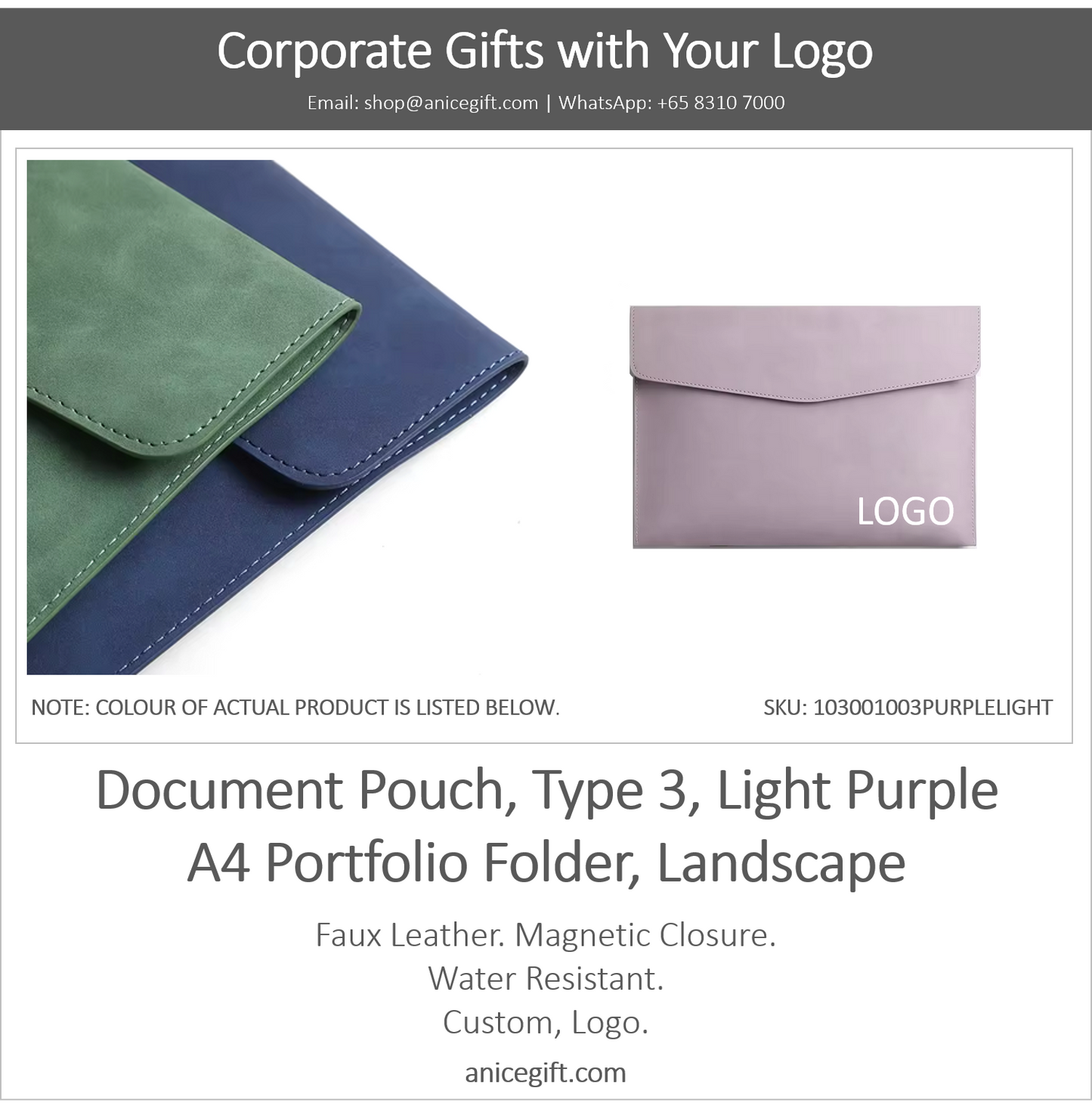 Document Pouch, Type 3, Light Purple | A4 Portfolio Holder, Landscape