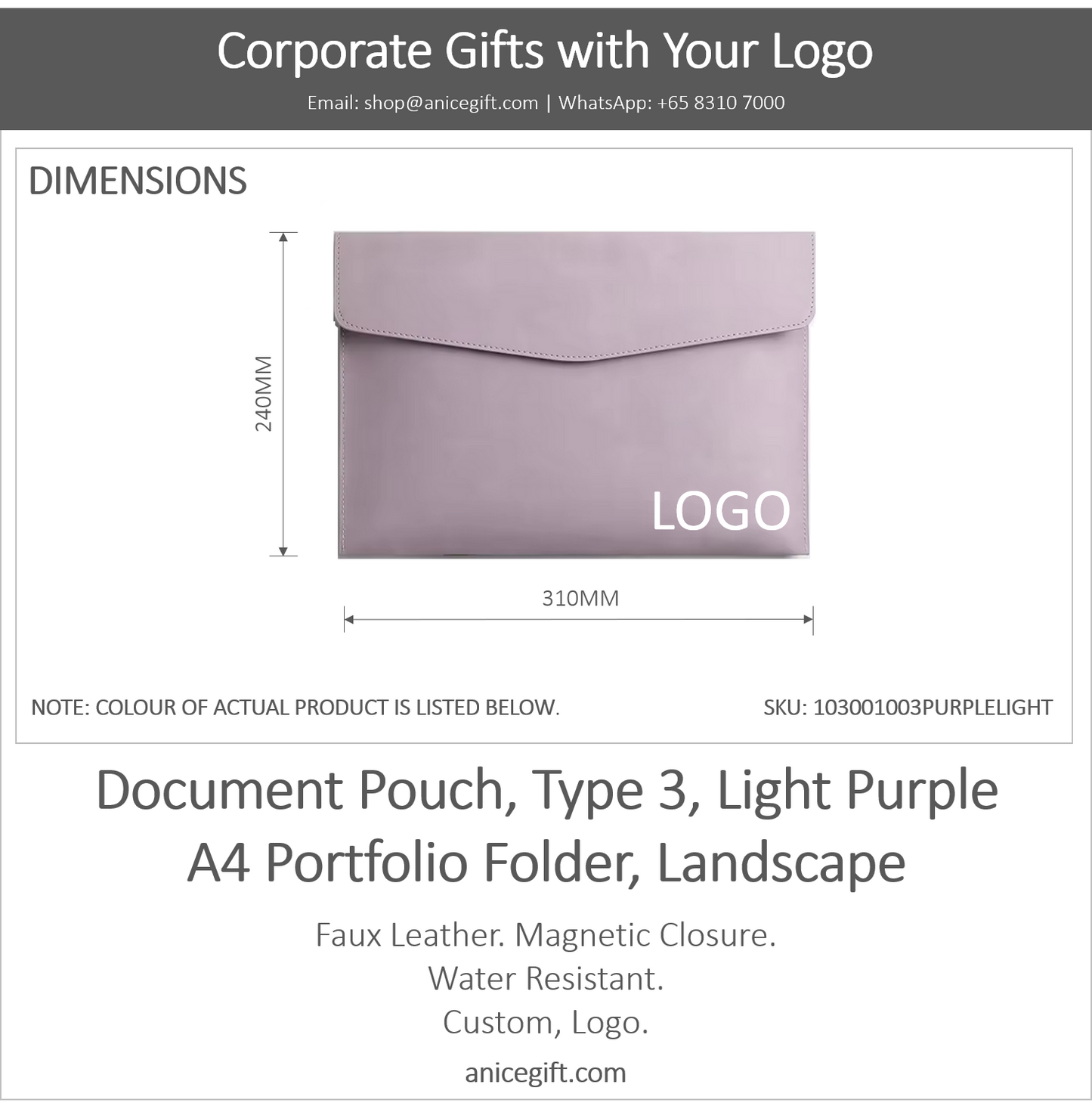 Document Pouch, Type 3, Light Purple | A4 Portfolio Holder, Landscape