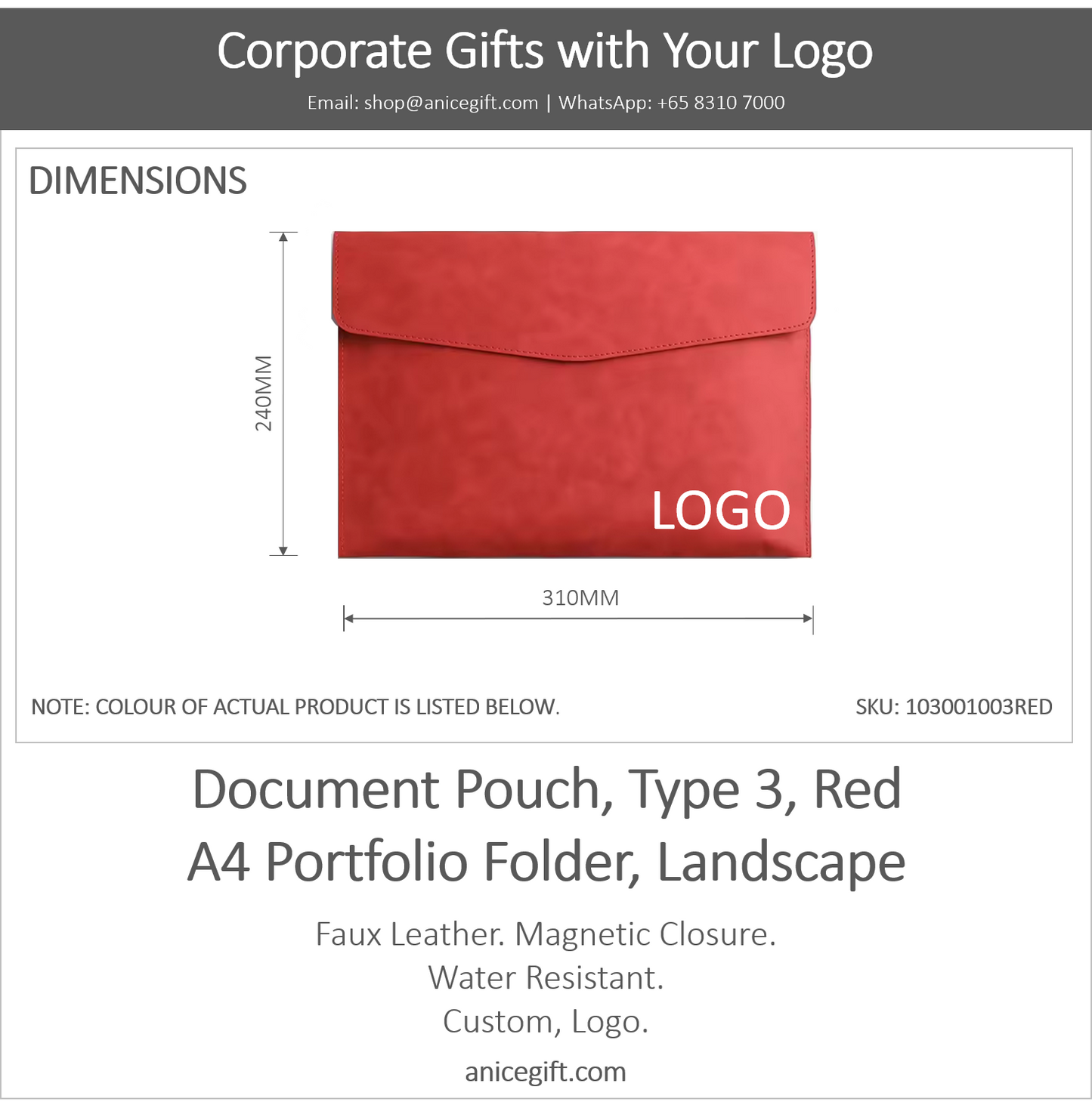Document Pouch, Type 3, Red | A4 Portfolio Holder, Landscape