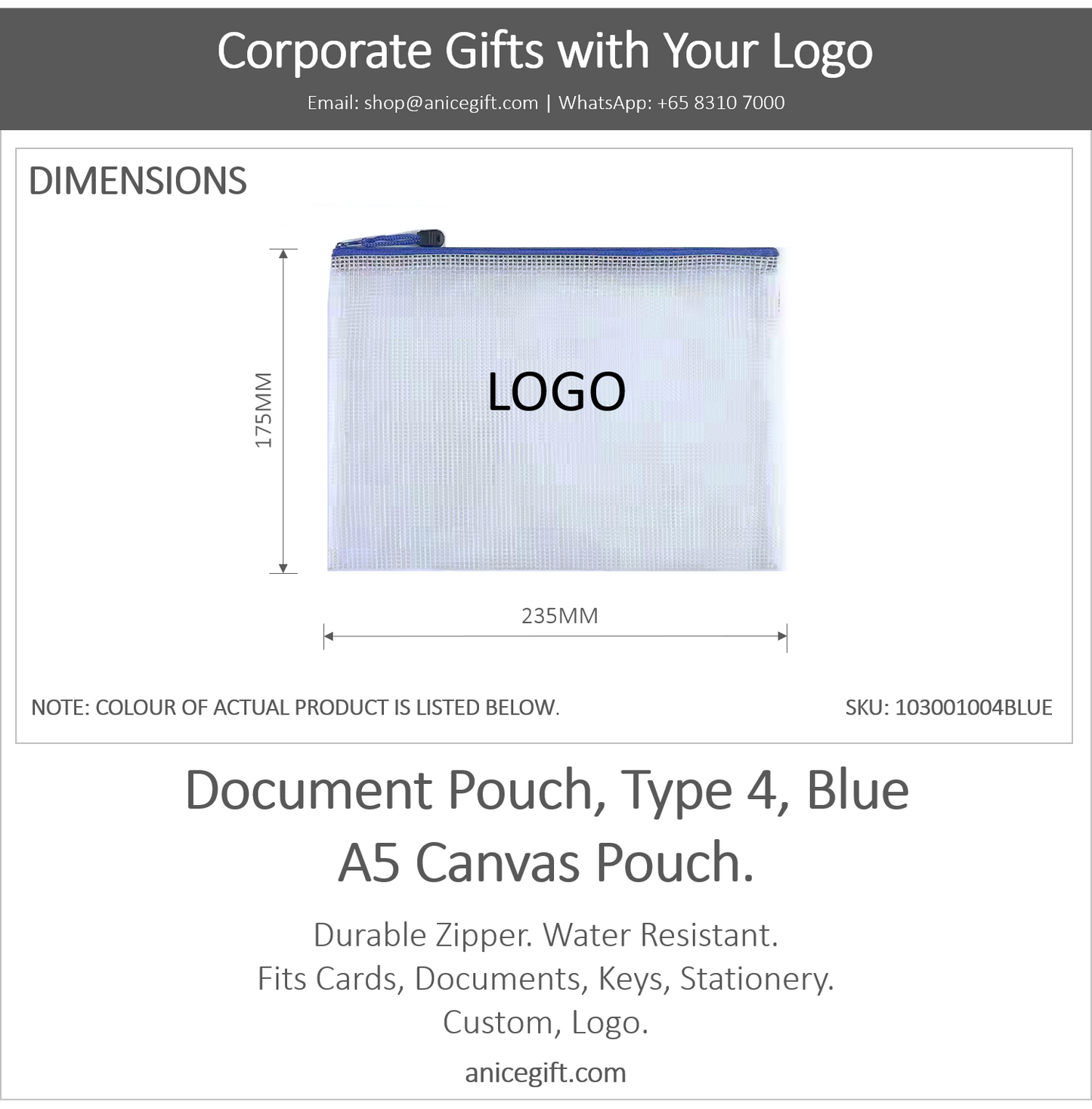 Document Pouch, Type 4, Blue | A5 Canvas Pouch