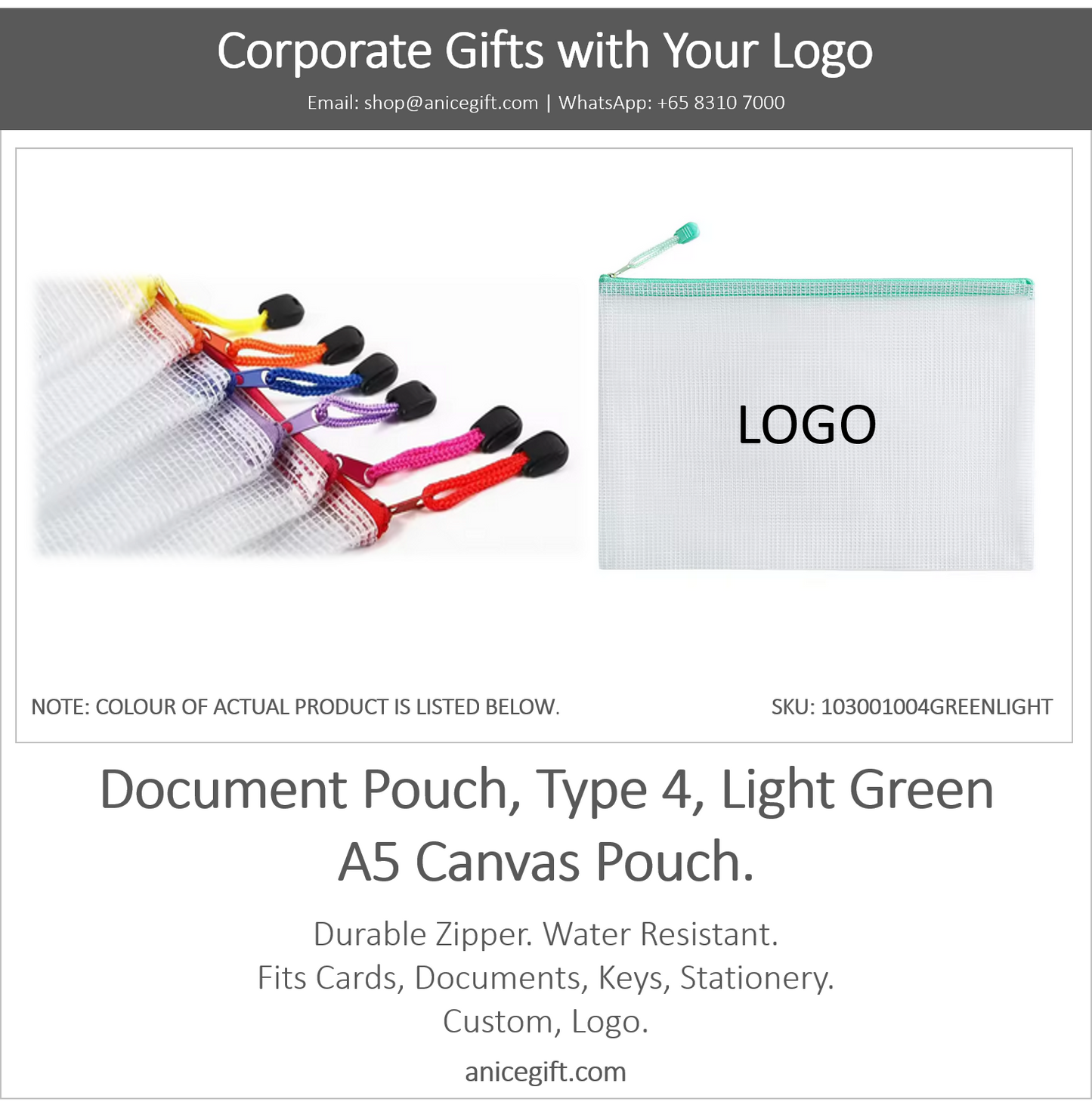 Document Pouch, Type 4, Light Green | A5 Canvas Pouch