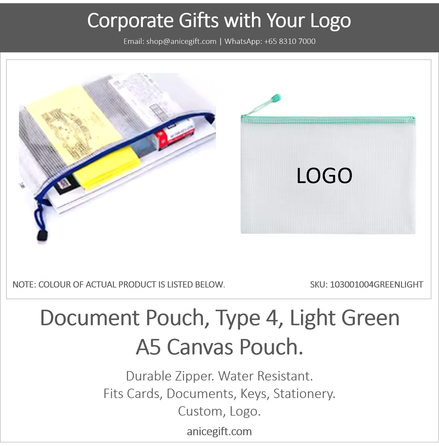 Document Pouch, Type 4, Light Green | A5 Canvas Pouch