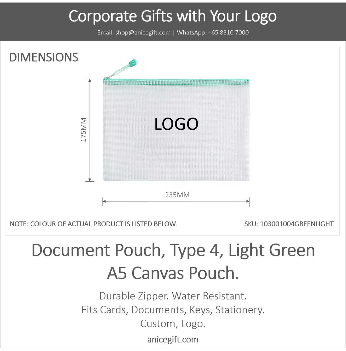 Document Pouch, Type 4, Light Green | A5 Canvas Pouch