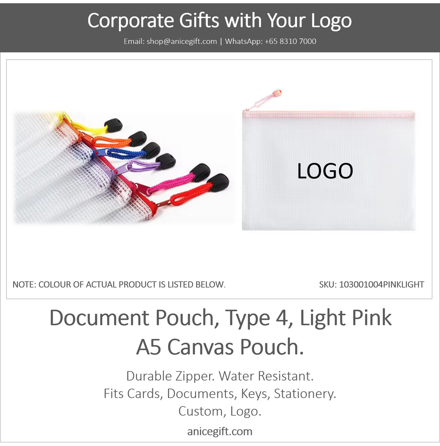 Document Pouch, Type 4, Light Pink | A5 Canvas Pouch