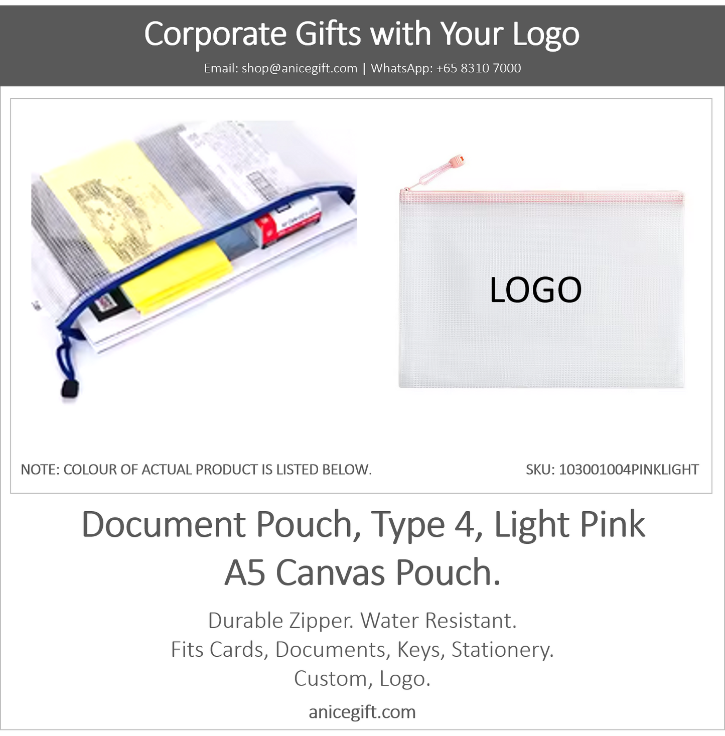 Document Pouch, Type 4, Light Pink | A5 Canvas Pouch