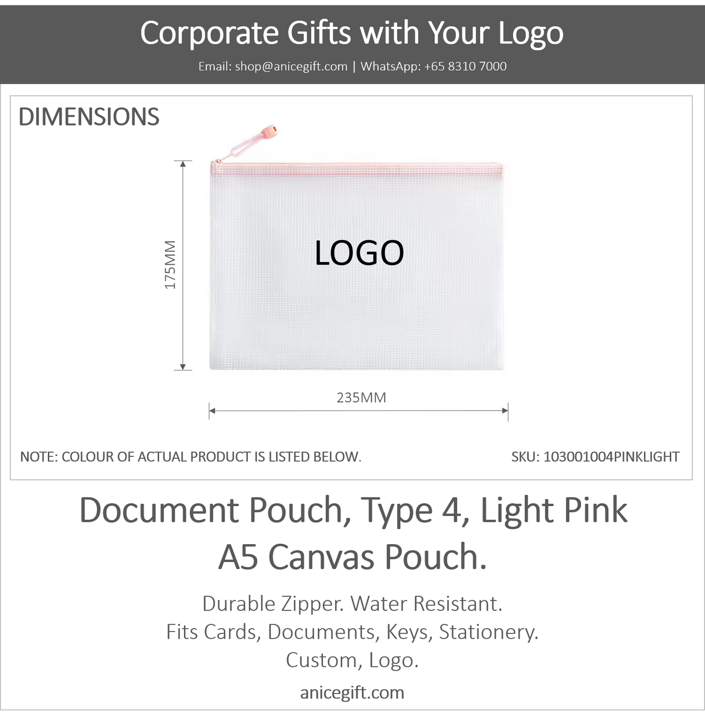 Document Pouch, Type 4, Light Pink | A5 Canvas Pouch