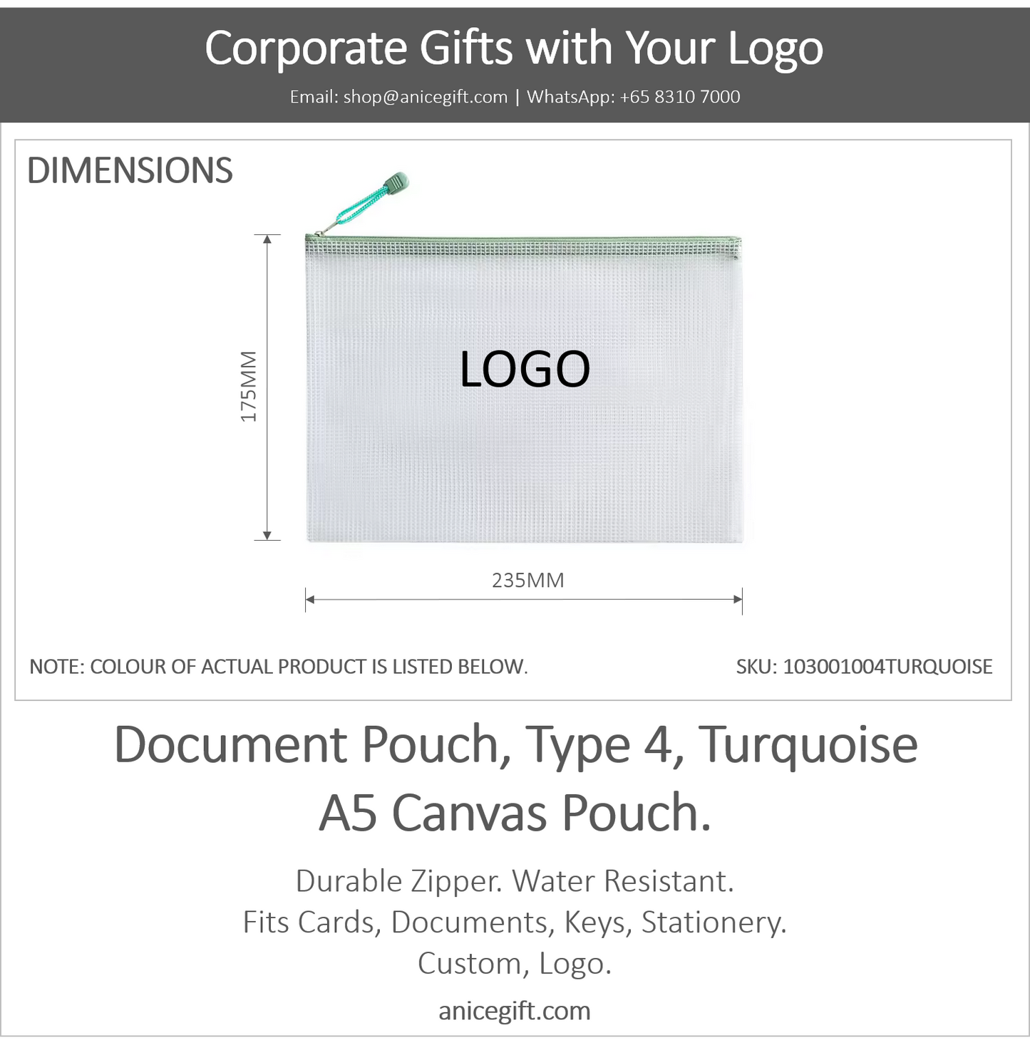 Document Pouch, Type 4, Turquoise | A5 Canvas Pouch