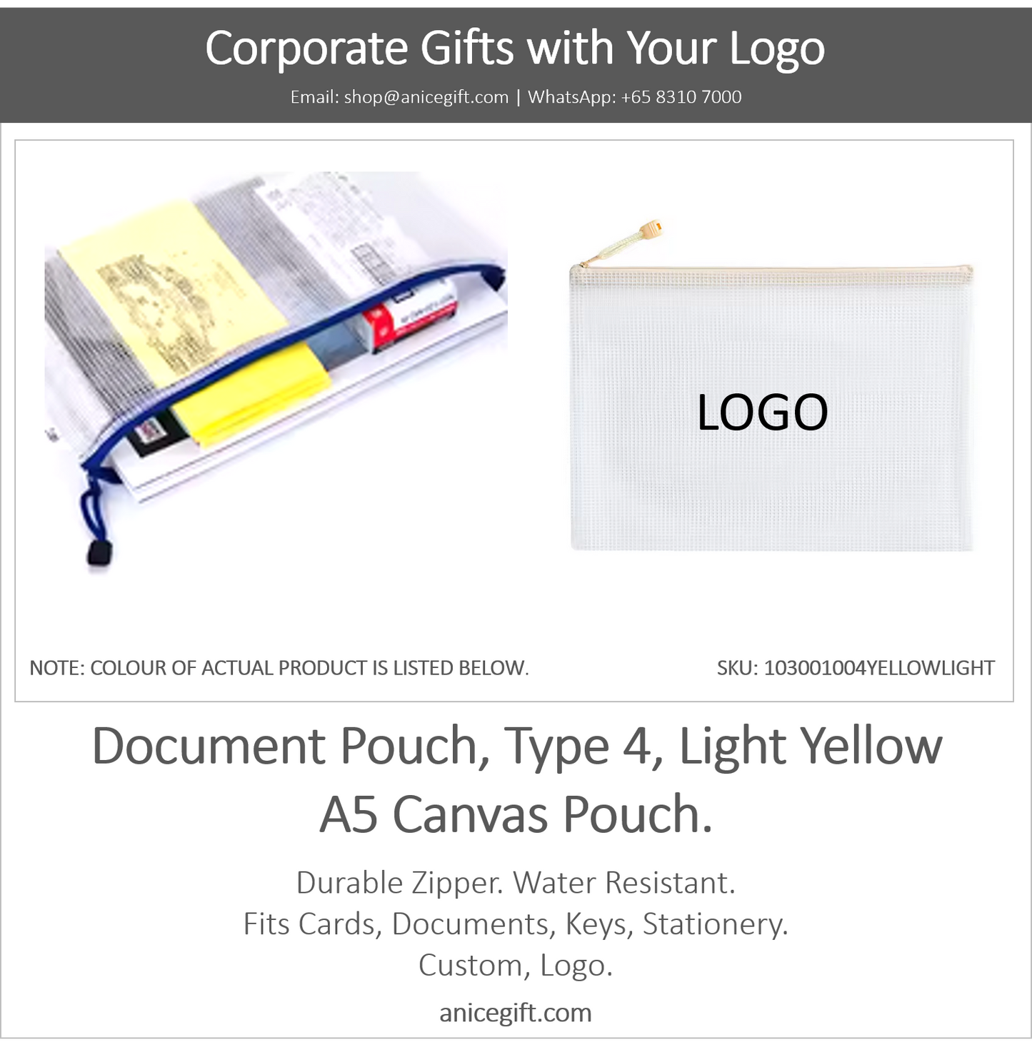 Document Pouch, Type 4, Light Yellow | A5 Canvas Pouch
