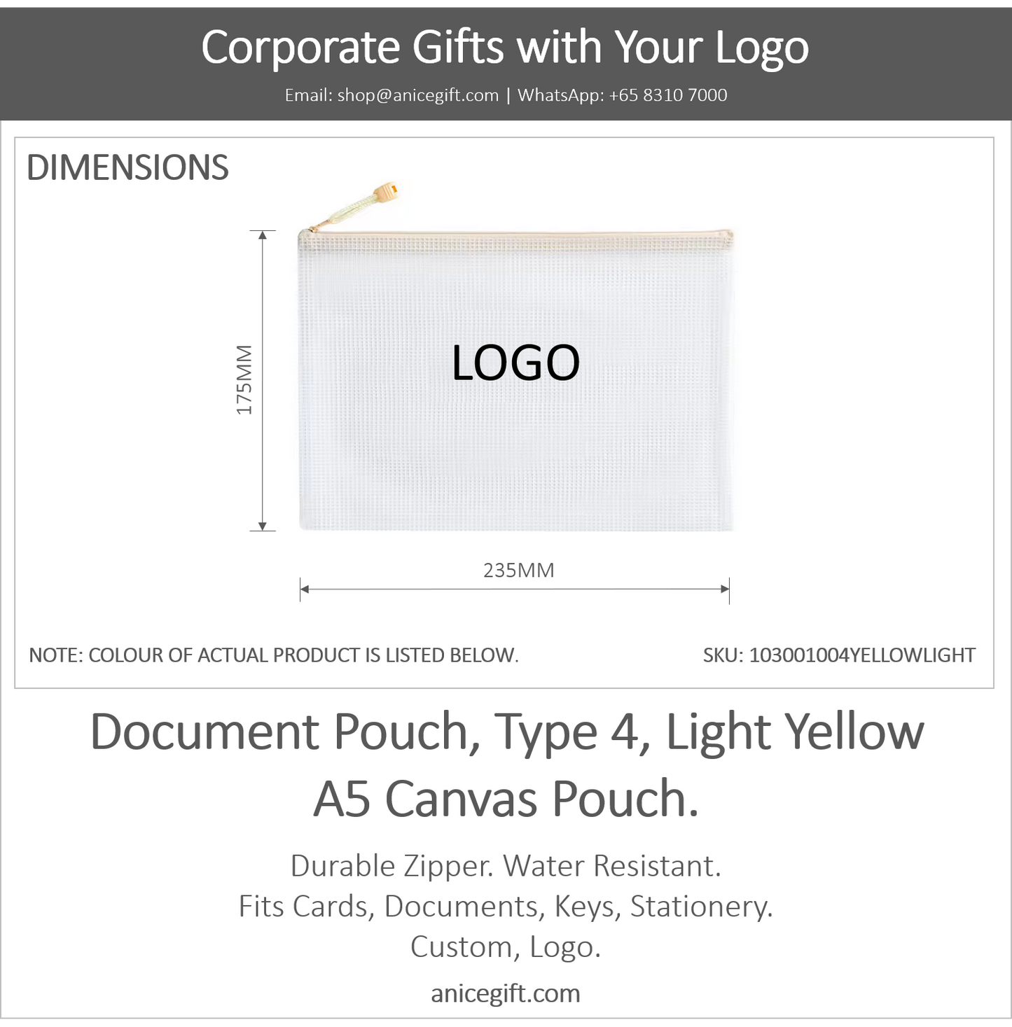Document Pouch, Type 4, Light Yellow | A5 Canvas Pouch