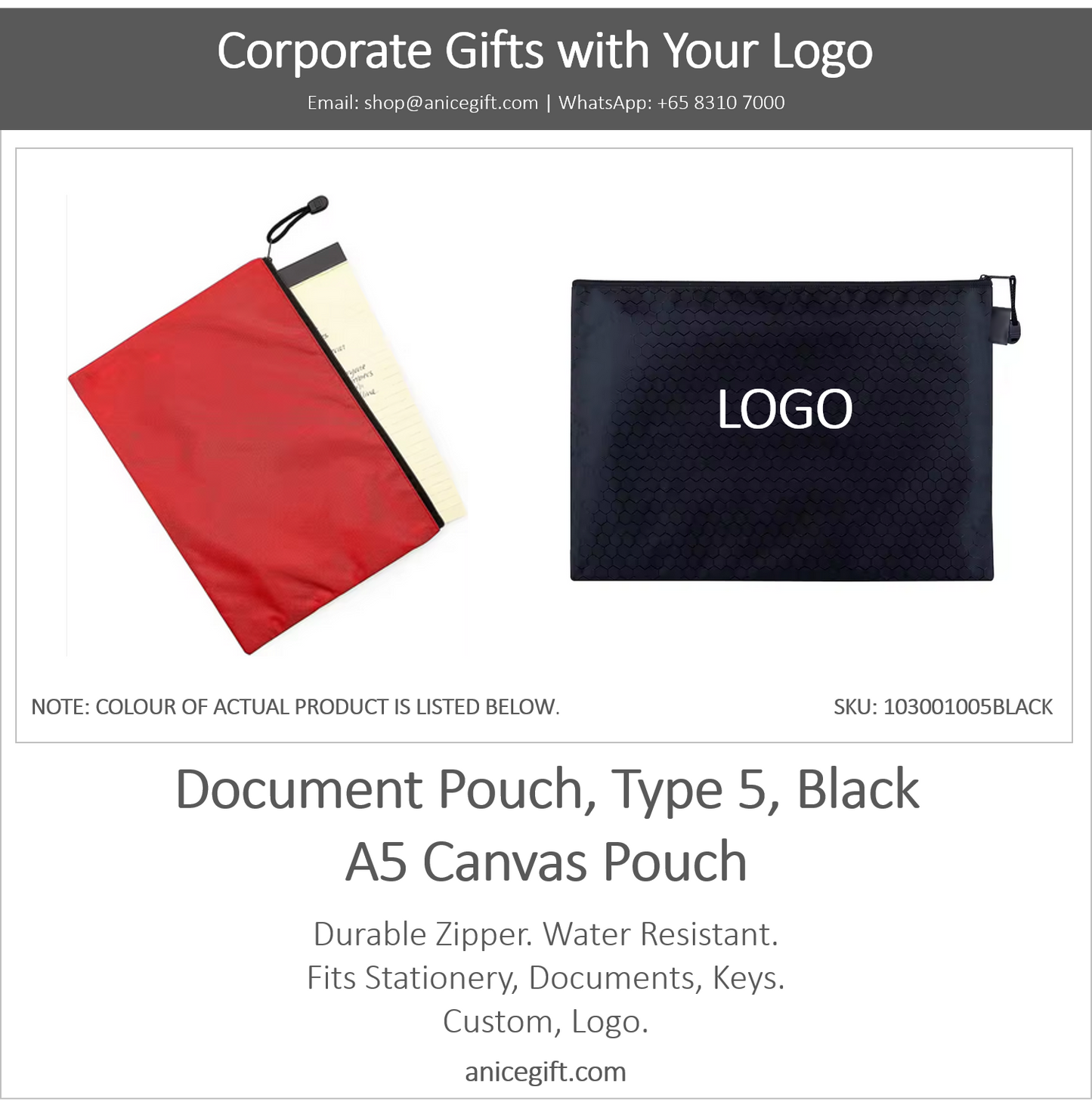 Document Pouch, Type 5, Black | A5 Canvas Pouch